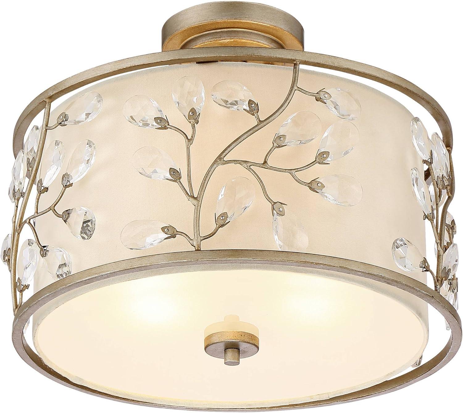Barnes and Ivy Crystal Buds Vintage Ceiling Light Semi Flush Mount Fixture 16" Wide Antique Silver 3-Light Beige Fabric Drum Shade for Bedroom Kitchen