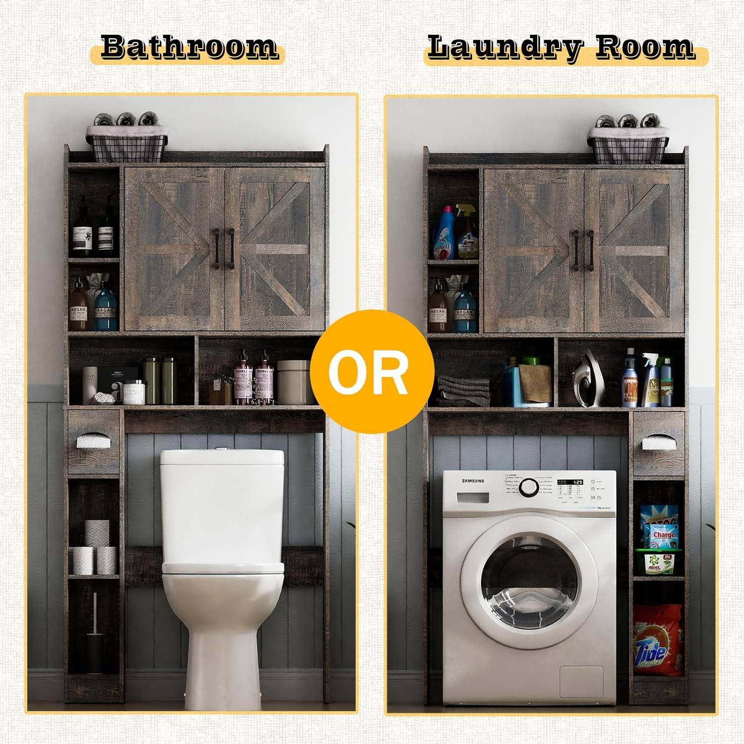 Over The Toilet Storage Cabinet, with 2 Barn Doors & Toilet Paper Holder Stand