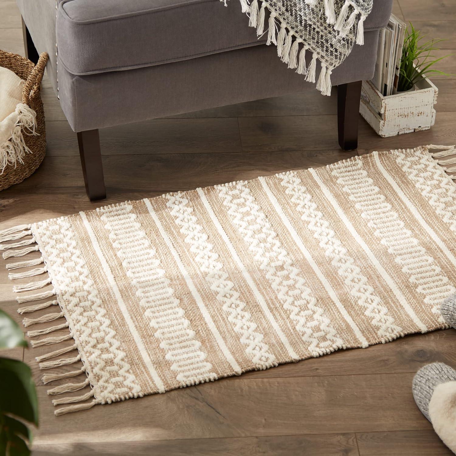 Chenille Stripe Stone Printed Hand-Loomed Cotton Shag Rug 2x3 Ft