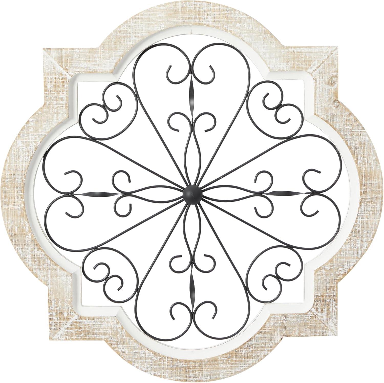 DecMode White Wooden Scroll Wall Decor with Metal Scroll Work