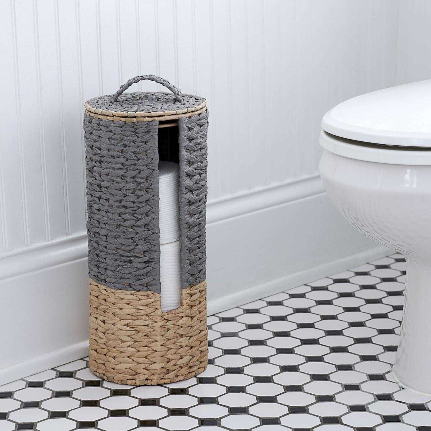 3-Piece Set Wicker Bathroom Accessories, Features Toilet Tissue Stand, Wastebasket and Tissue Box Cover, Wicker Material, Natural and Gray