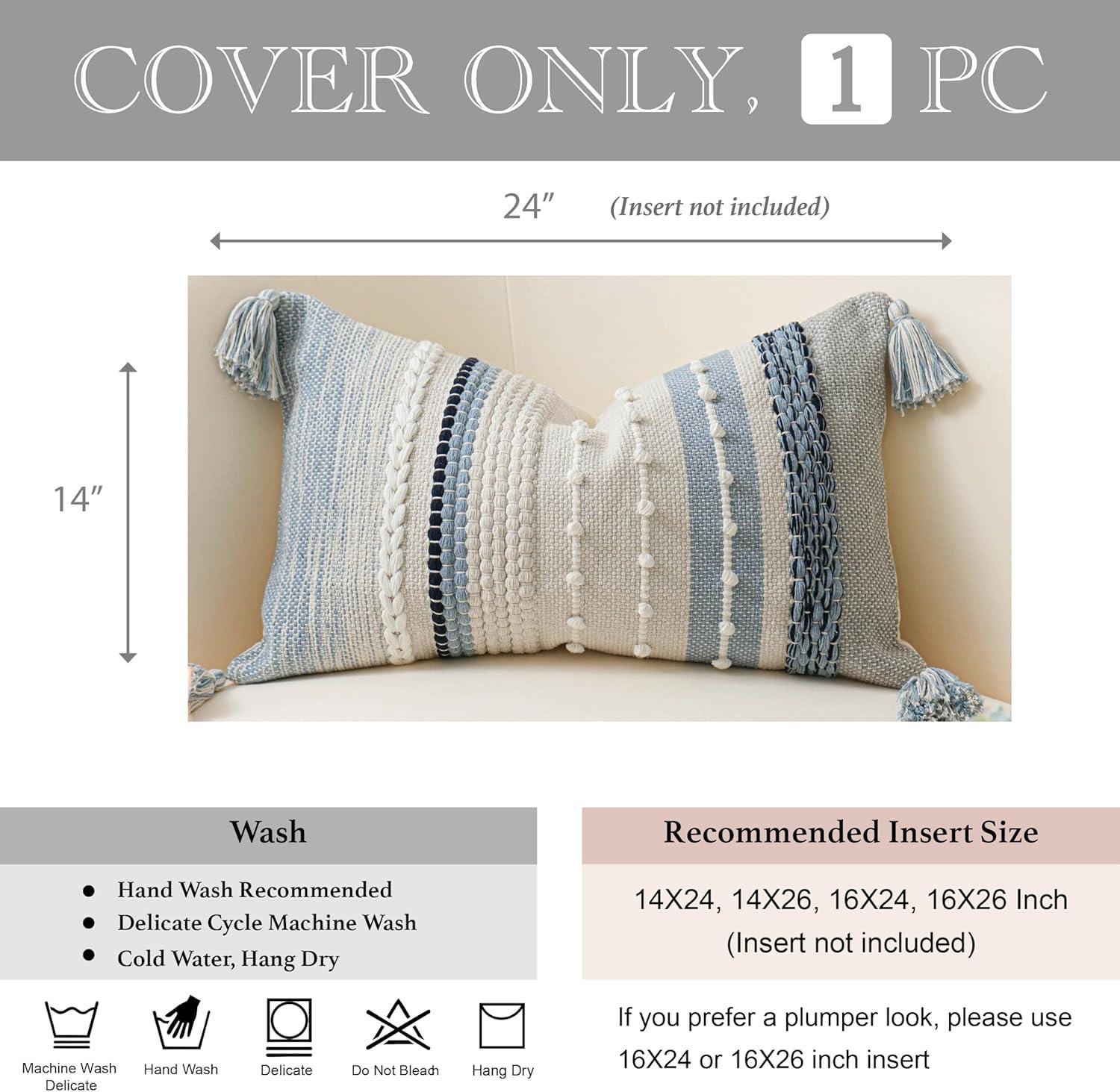 Decorative Lumbar Throw Pillow Cover 14x24 Boho Coastal Blue Accent Cushion for Couch Sofa Farmhouse Pillowcase for Bedroom Living Room Home Décor Cover ONLY