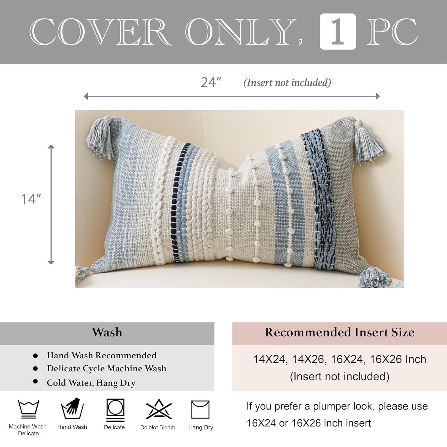 Decorative Lumbar Throw Pillow Cover 14x24 Boho Coastal Blue Accent Cushion for Couch Sofa Farmhouse Pillowcase for Bedroom Living Room Home Décor Cover ONLY