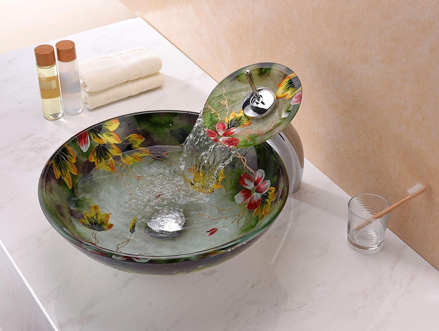 ANZZI Impasto 15.5'' Green Tempered Glass Circular Bathroom Sink with Faucet
