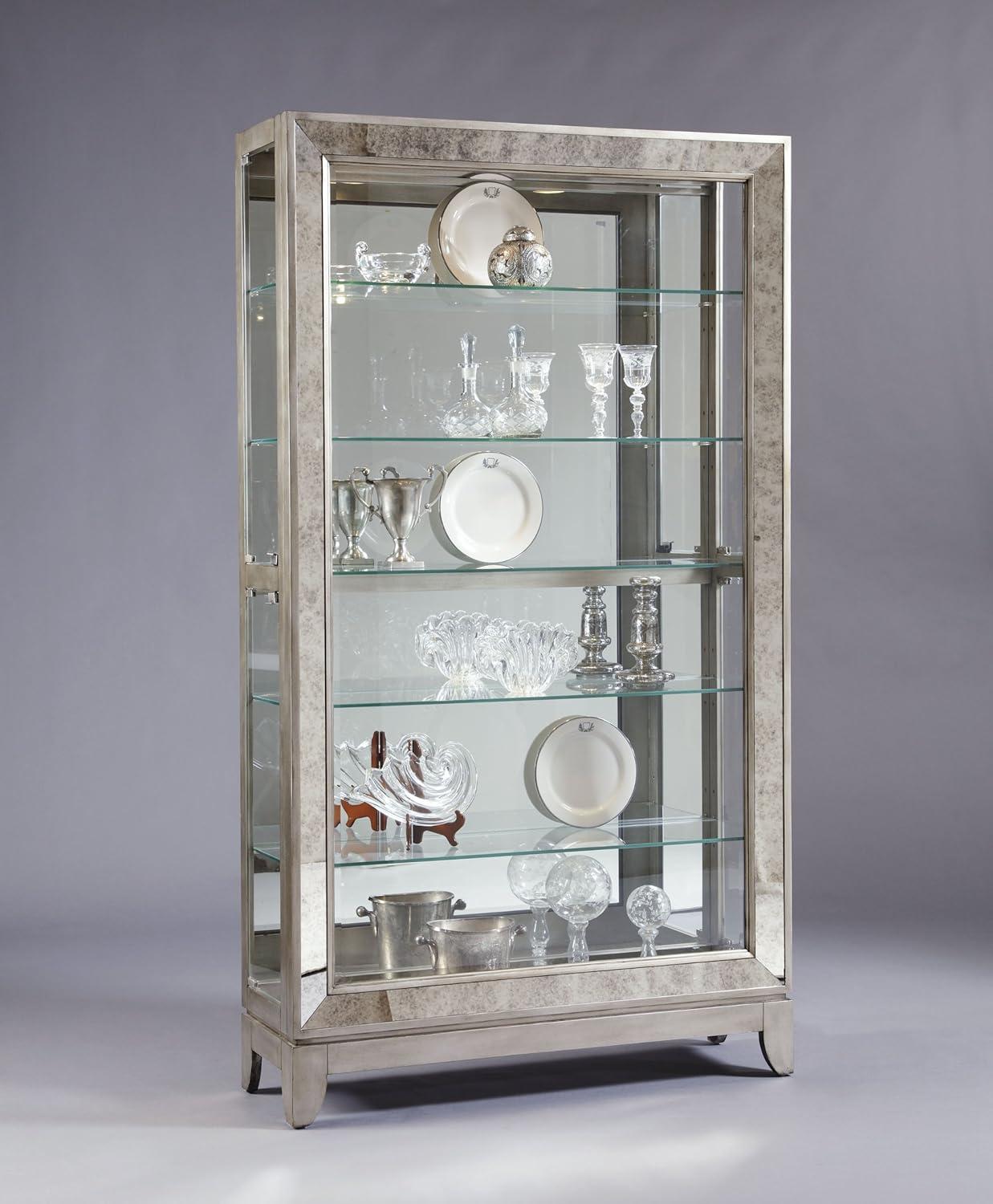 Aged Silver Lighted 5-Shelf Curio Cabinet with Poplar Wood Legs