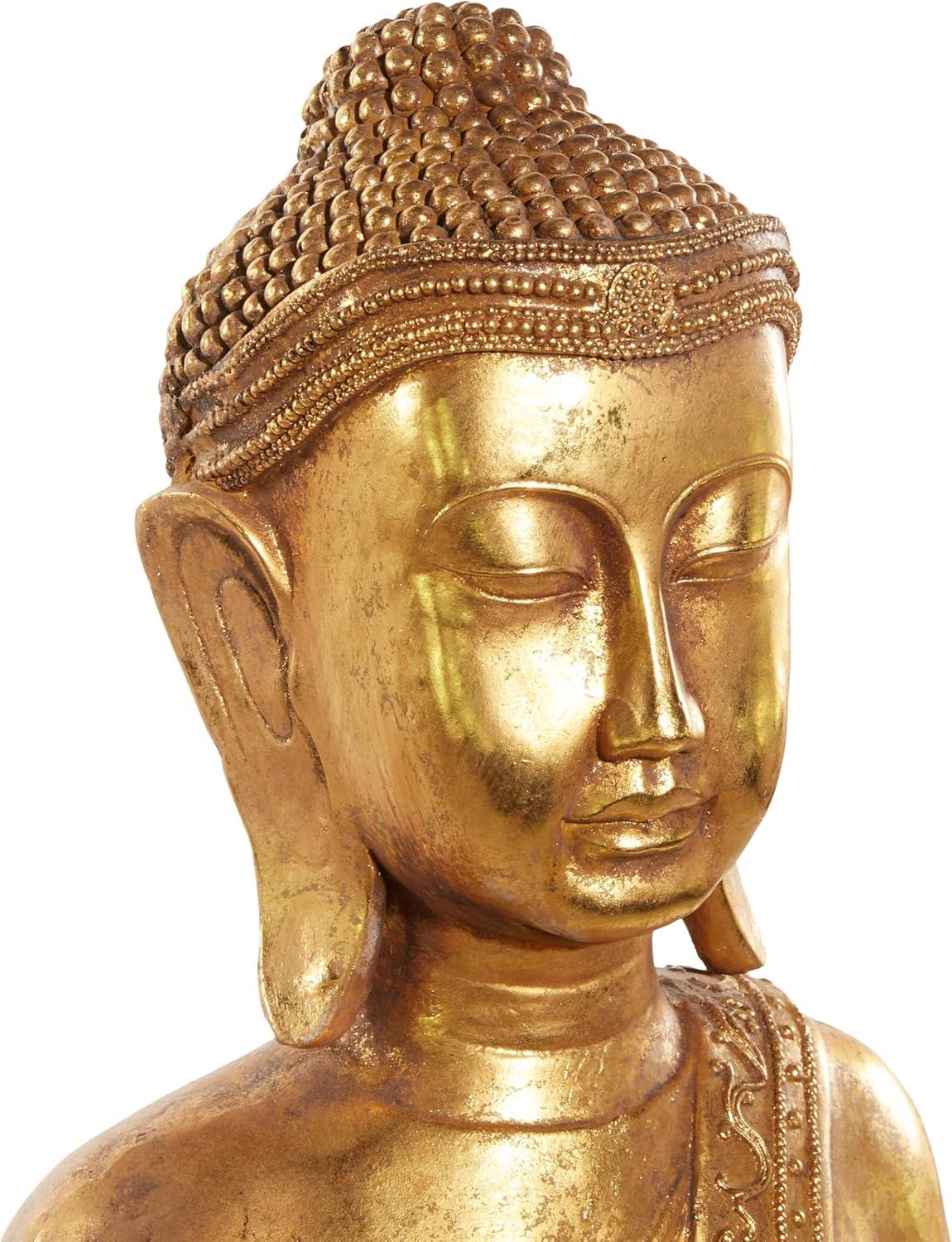 16" x 54" Gold Resin Meditating Buddha Sculpture with Engraved Carvings and Relief Detailing, by DecMode