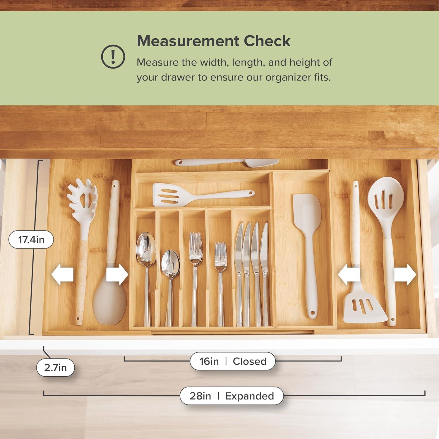 Expandable Bamboo Kitchen Drawer Organizer with 10 Compartments