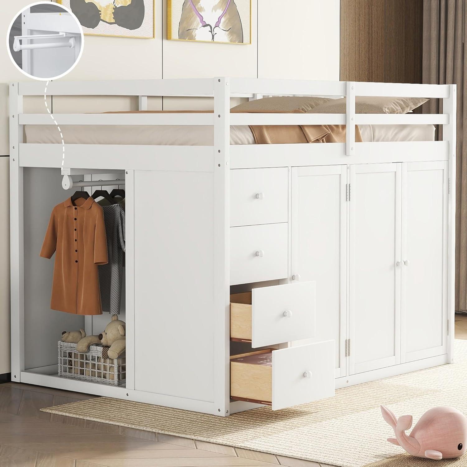Harper & Bright Designs Full Size Loft Bed with Stairs and Wardrobes, Solid Wood Loft Bed Frame with Storage Cabinets and Drawers for Kids Teens Adults, Weight Capacity: 600LBS, White
