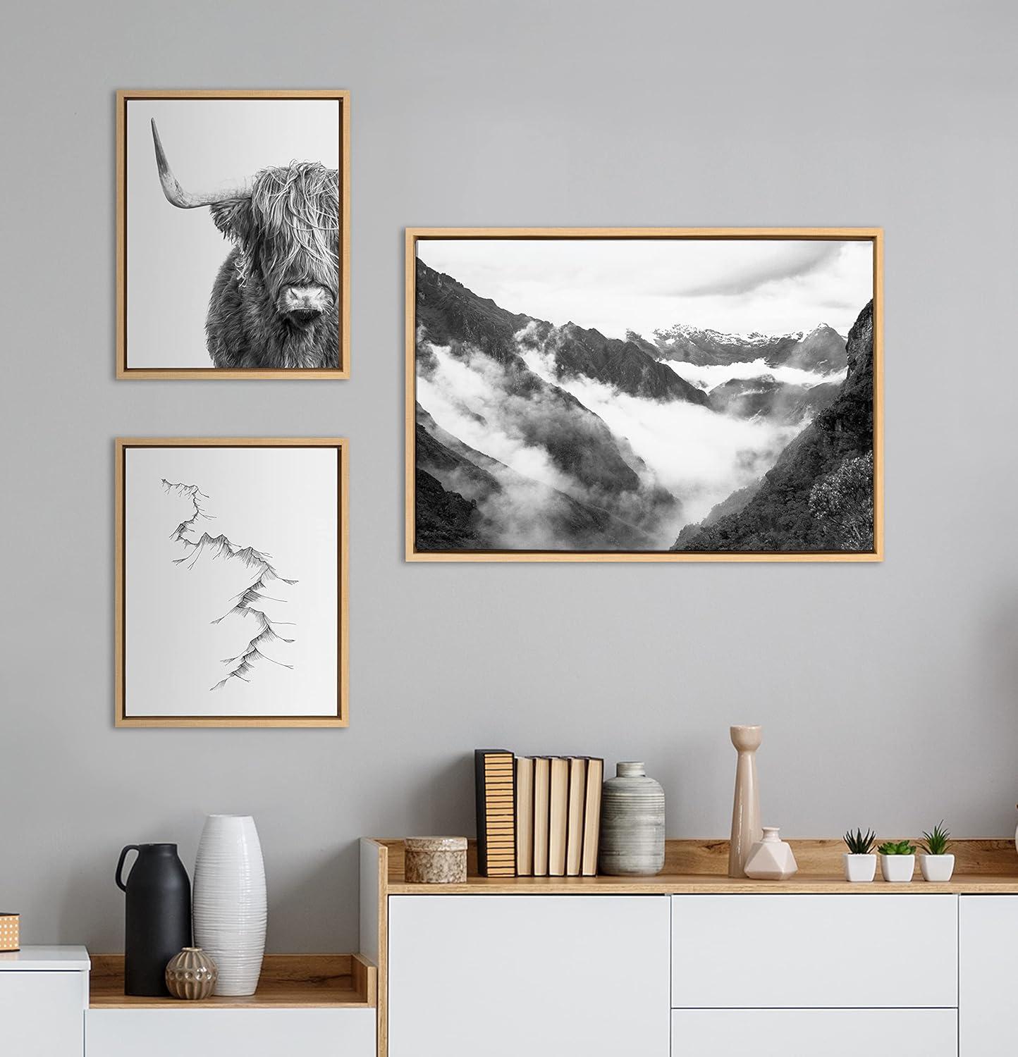 Kate and Laurel Sylvie Highland Cow, Mountains, and Inca Trail Framed Canvas Wall Art Set by Various Artists, Set of 3, two 16x20 and one 23x33 Natural, Black and White Landscape and Animal Art