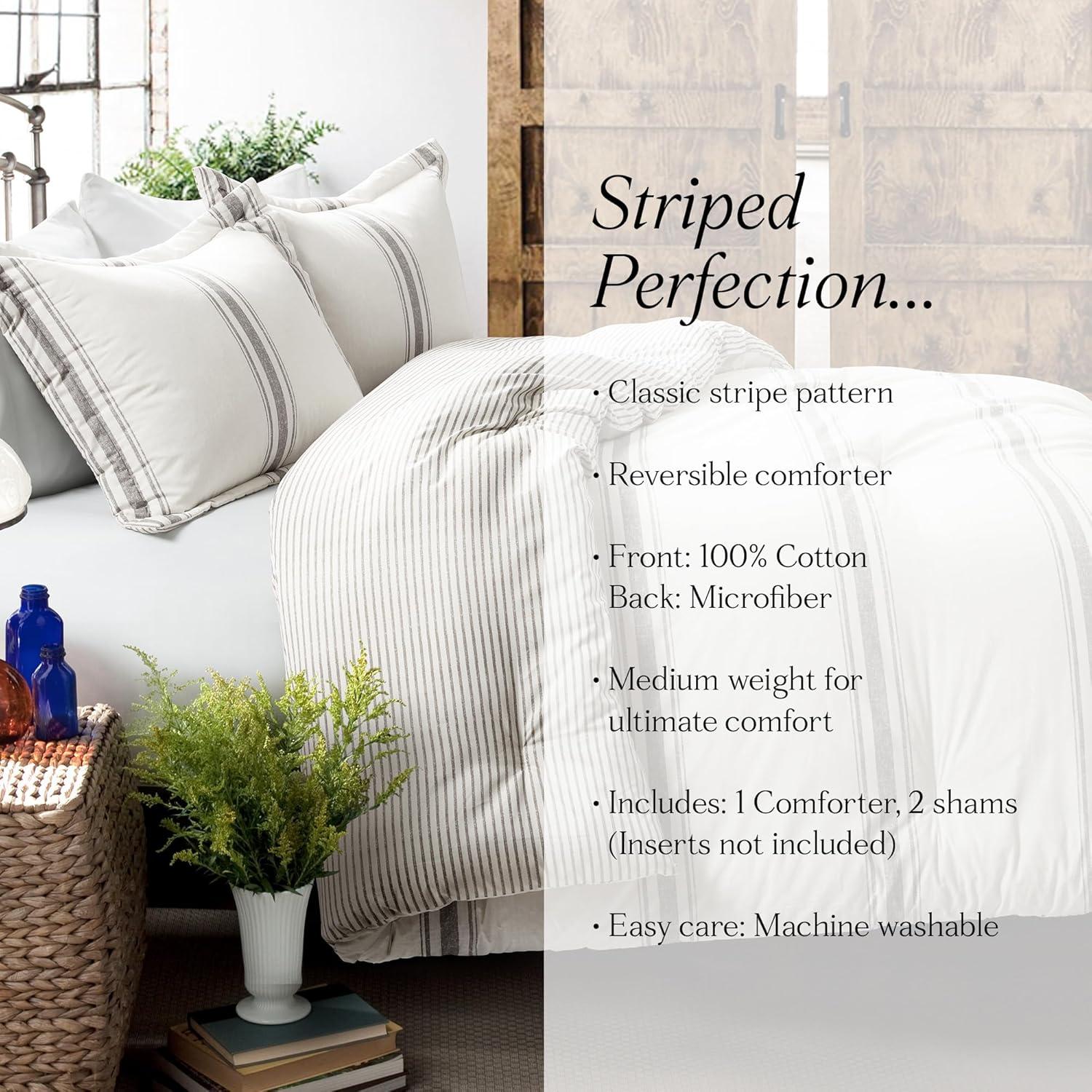 3pc King Farmhouse Stripe Reversible Comforter & Sham Set Gray - Lush Décor