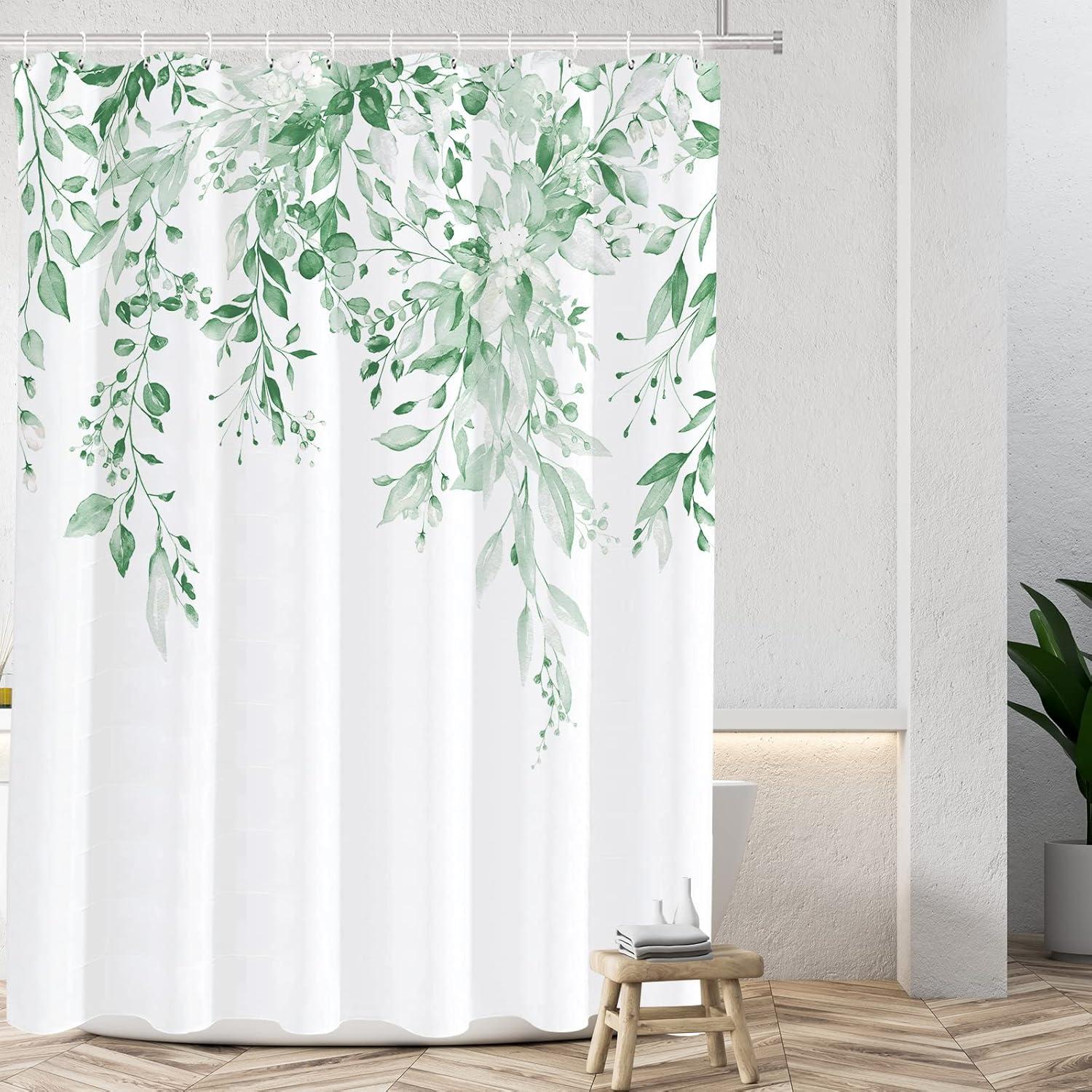 Eucalyptus Watercolor Leaves Semi-Sheer Waterproof Shower Curtain