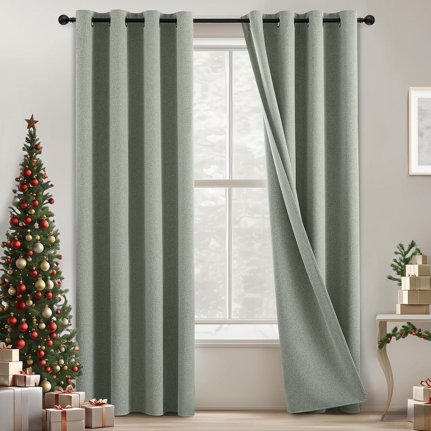 COSVIYA 100% Blackout Sage Green Linen Curtains & Drapes 84 Inch Length 2 Panels Set, Full Room Darkening Grommet Insulated Thermal Window Panels for Bedroom/Living Room,52x84 inches