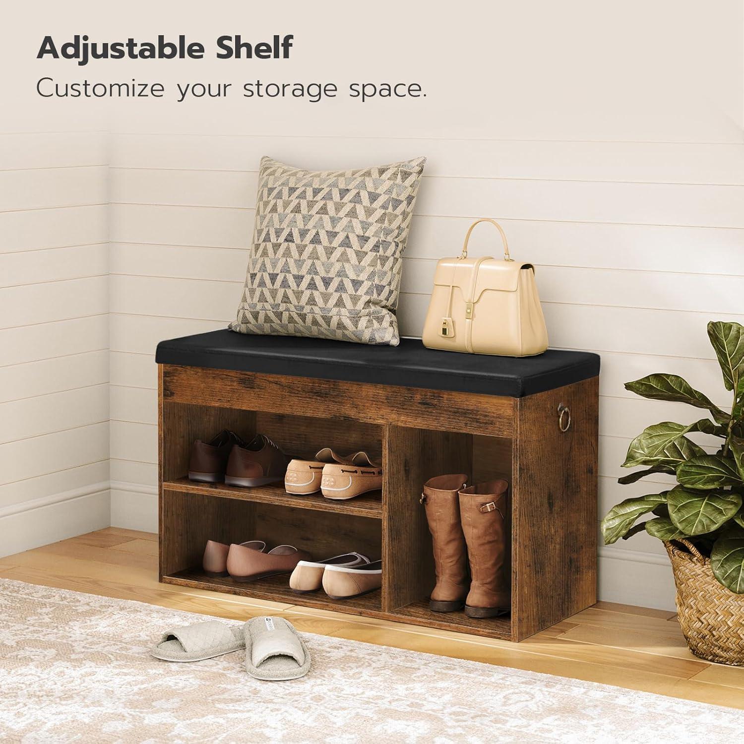 Rustic Brown Storage Bench with Black Cushion and Adjustable Shelf