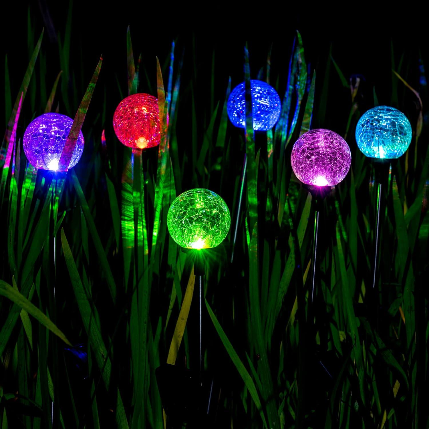 Solar Powered Colorful LED Glass Ball Pathway Lights, 6 Pack