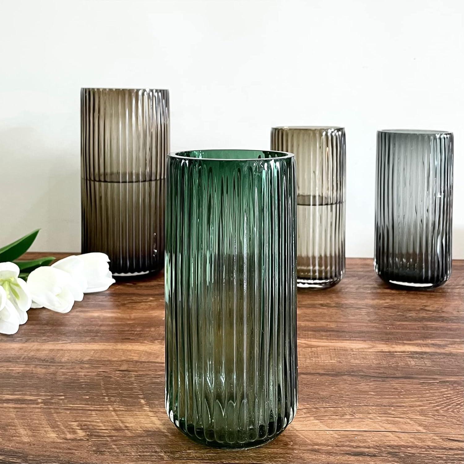 Hand Blown Ribbed Green Glass Decorative Vase