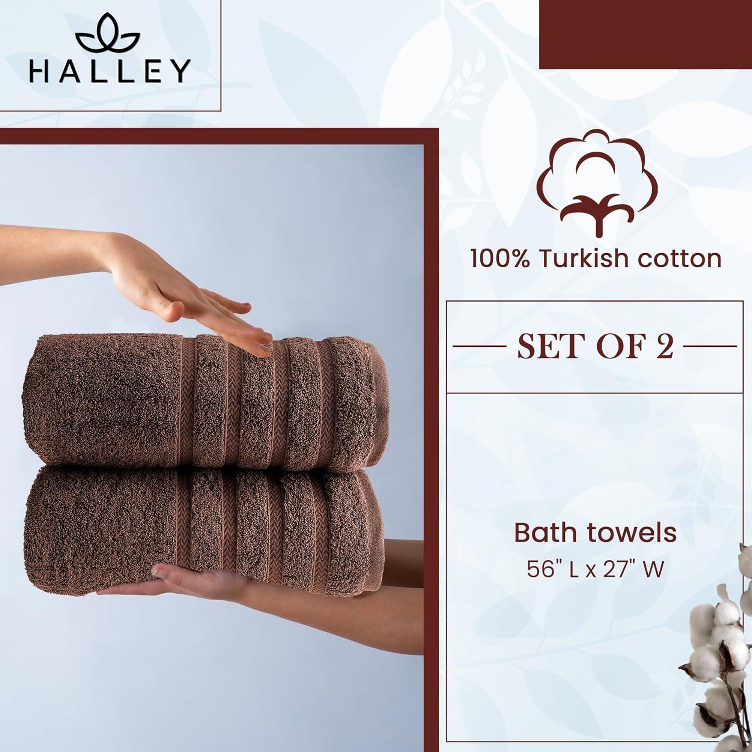 HALLEY Turkish Bath Towels Set - 2 Pack Bathroom Set, Ultra Soft, Machine Washable, Highly Absorbent, 100% Cotton - Luxury Spa Quality - Brown