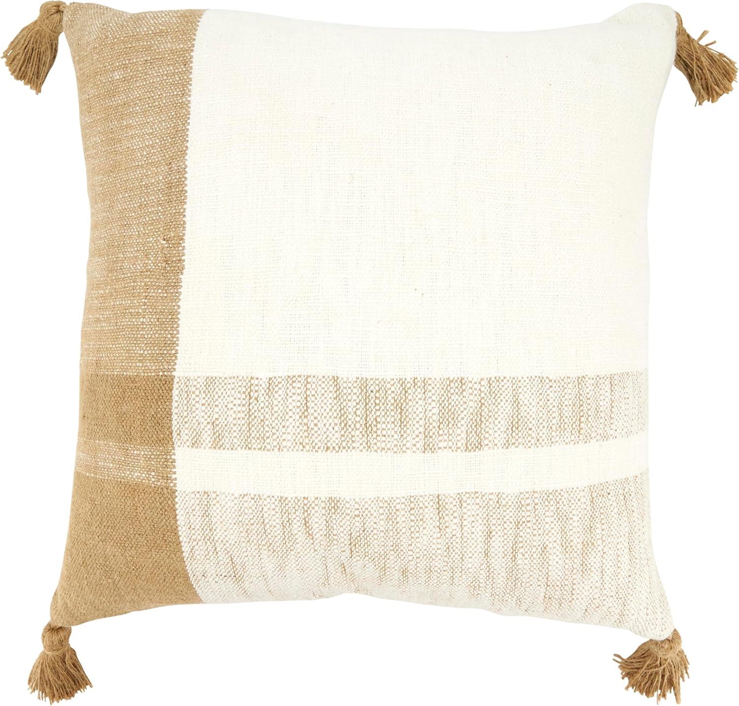 Beige and White Cotton Checkered 20" Throw Pillow with Tassels