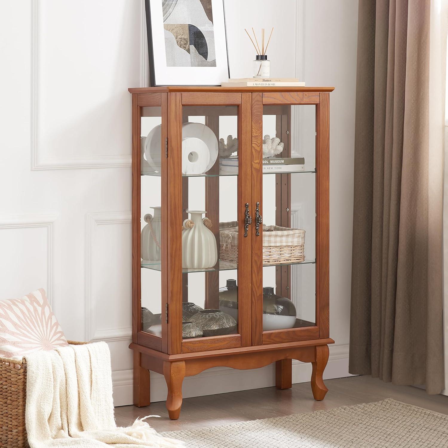 Oak Curio Cabinet with Glass Doors and Adjustable Shelves