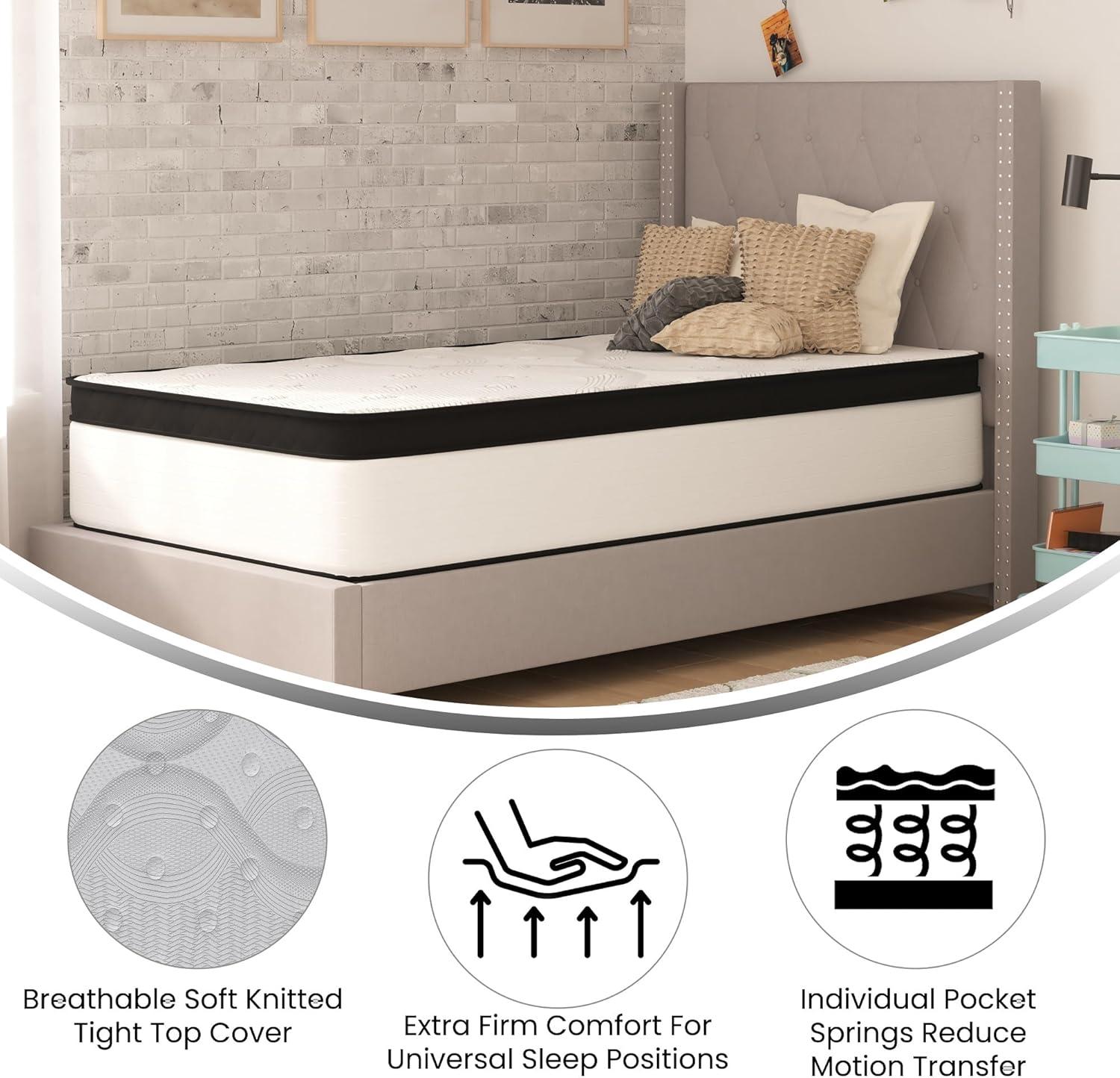 Flash Furniture Capri Comfortable Sleep Firm 12 Inch CertiPUR-US Certified Hybrid Pocket Spring Mattress, Extra Firm Feel, Durable Support, Mattress in a Box