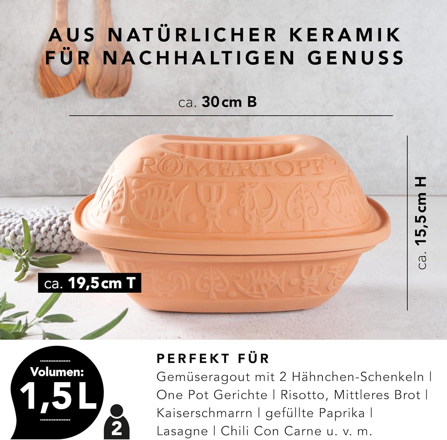 Romertopf 10905 Clay Roaster | Non-Stick Dutch Oven | Healthy Clay Pot Cooking | Clay Baker | Versatile Cooking Vessel - 1.6 Quarts (1.5 Liters) for up to 2 people