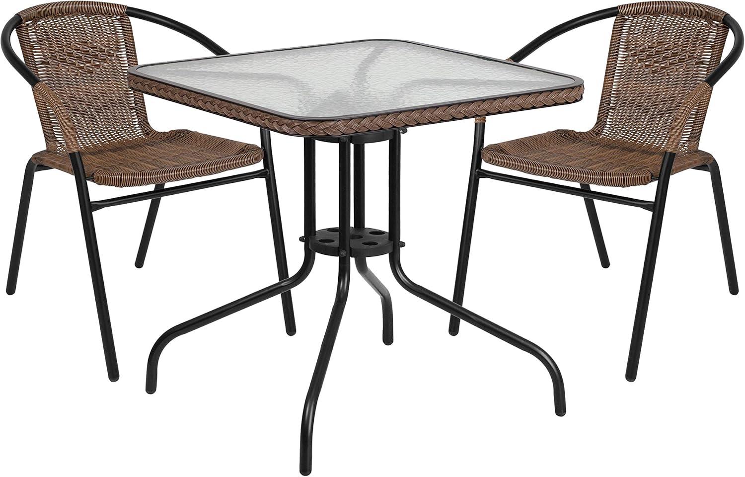 Flash Furniture Lila 28'' Square Glass Metal Table with Dark Brown Rattan Edging and 2 Dark Brown Rattan Stack Chairs