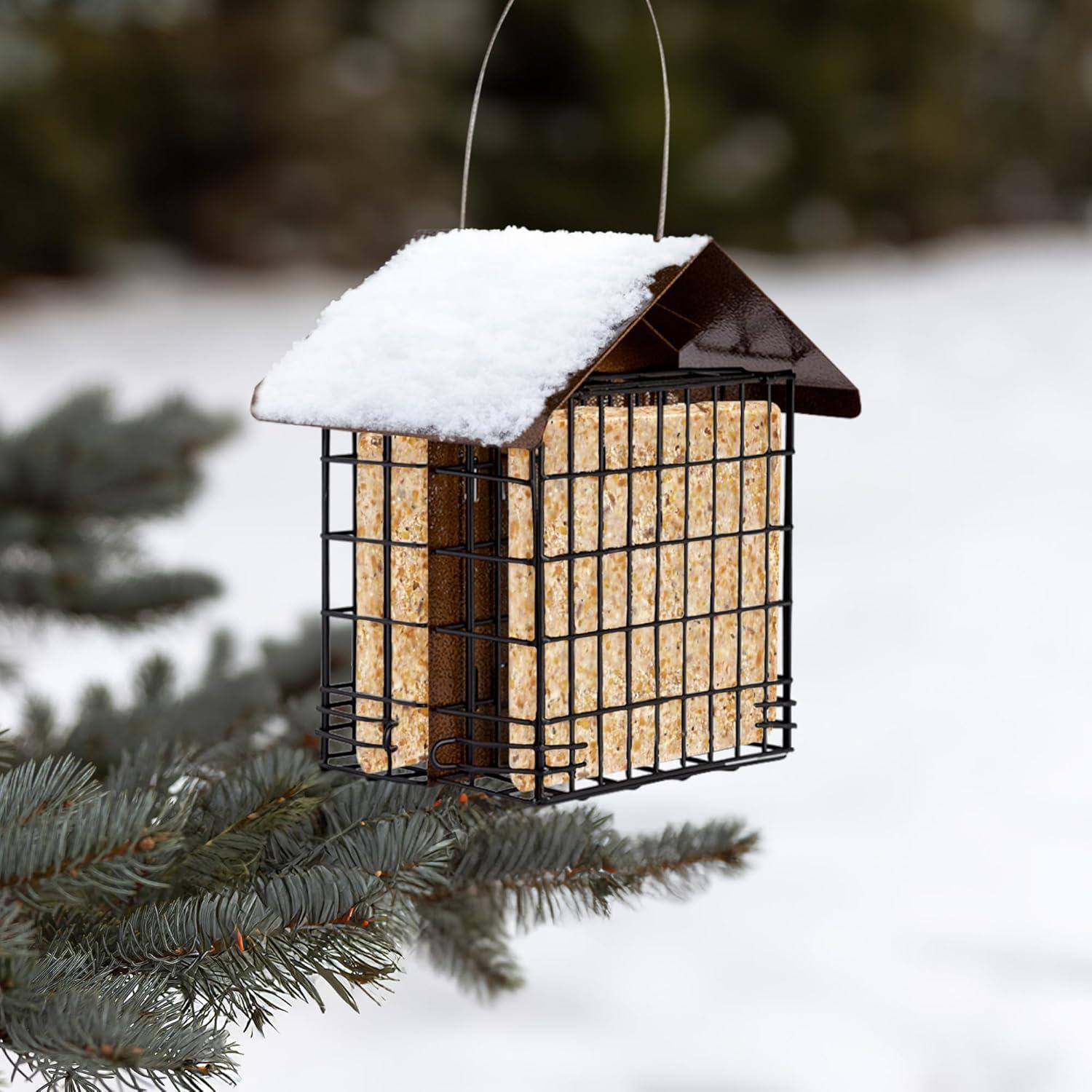 MEKKAPRO Suet Feeder with Hanging Metal Roof, Two Suet Capacity.