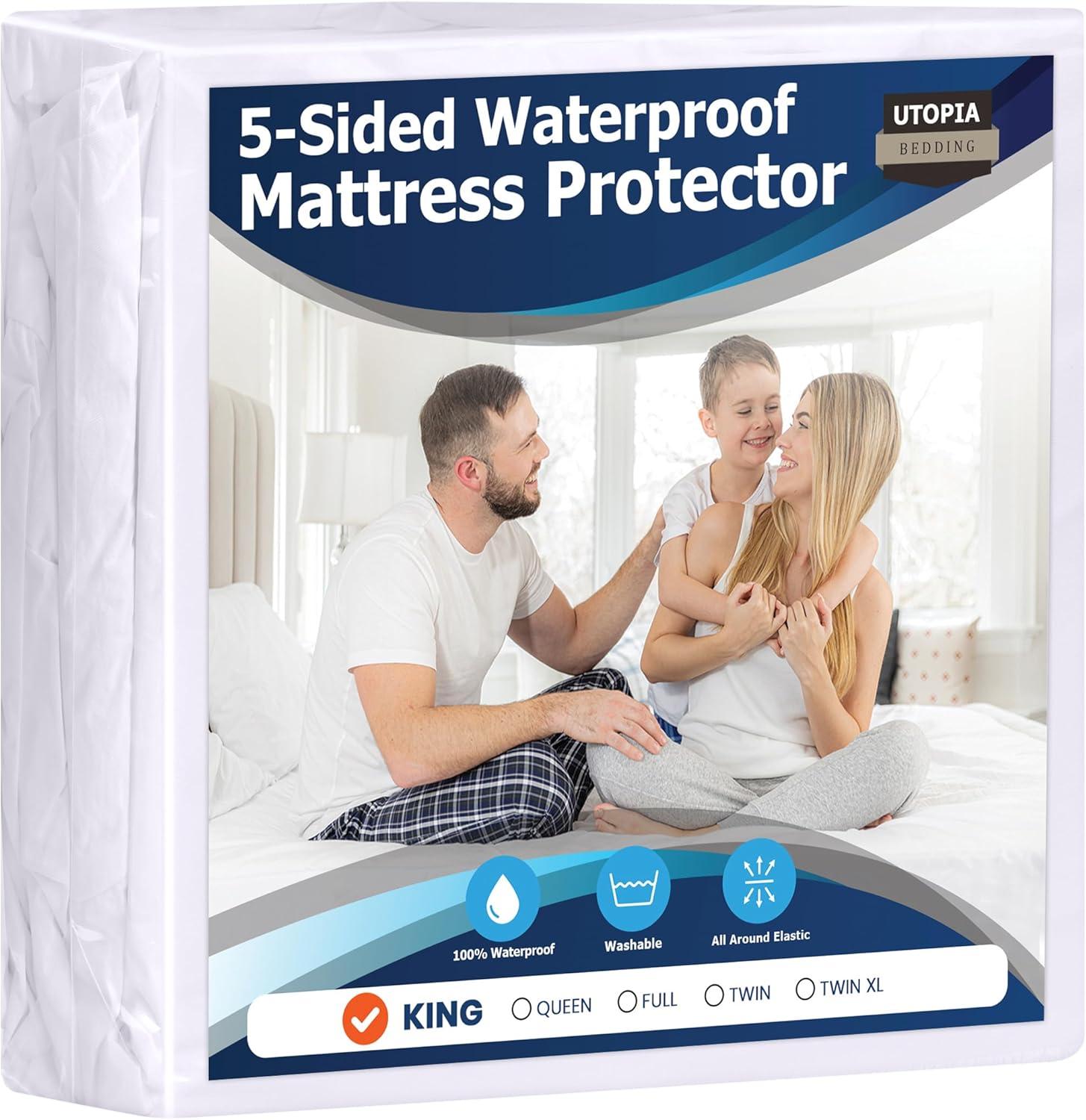 Utopia Bedding Waterproof 5-Sided Mattress Protector King Size, Premium Breathable Mattress Cover, Fitted Style with Stretchable Pockets (White)