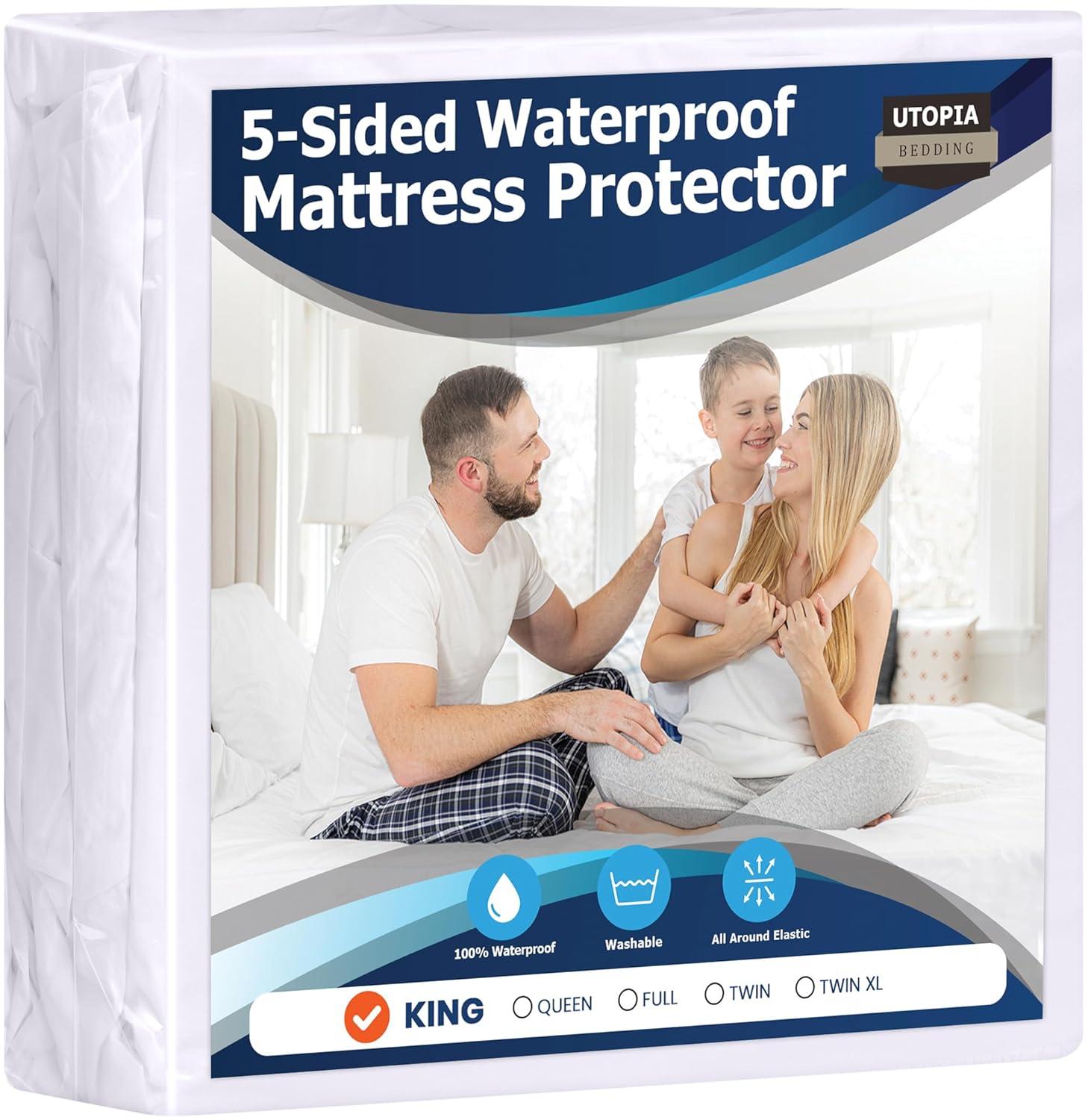 Utopia Bedding Waterproof 5-Sided Mattress Protector King Size, Premium Breathable Mattress Cover, Fitted Style with Stretchable Pockets (White)
