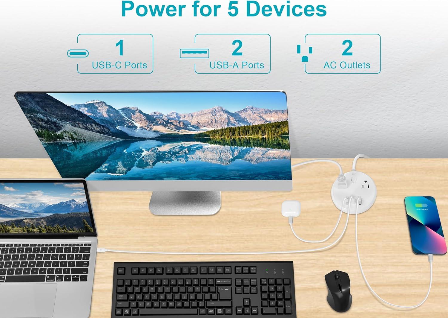 Monoprice USB-C Power Strip, 2 Outlets and 57W 3 USB with 5-Foot Extension Cord, Compact Travel Size, for MacBook Pro, iPad Pro, iPhone, and Galaxy