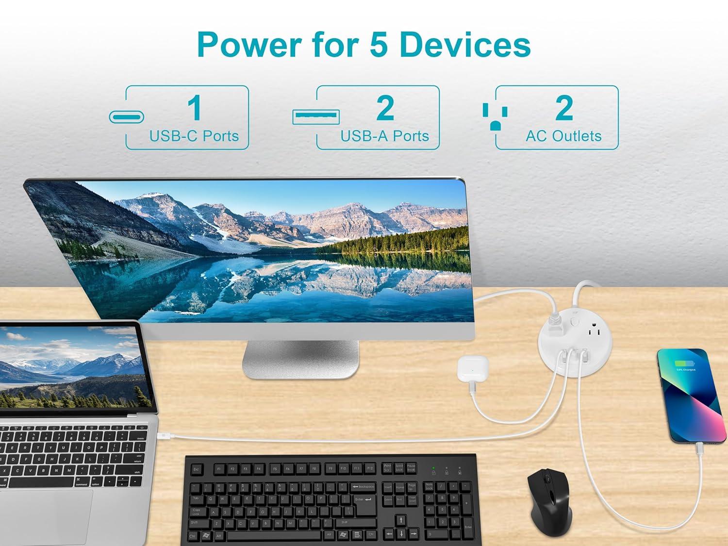 Monoprice USB-C Power Strip, 2 Outlets and 57W 3 USB with 5-Foot Extension Cord, Compact Travel Size, for MacBook Pro, iPad Pro, iPhone, and Galaxy