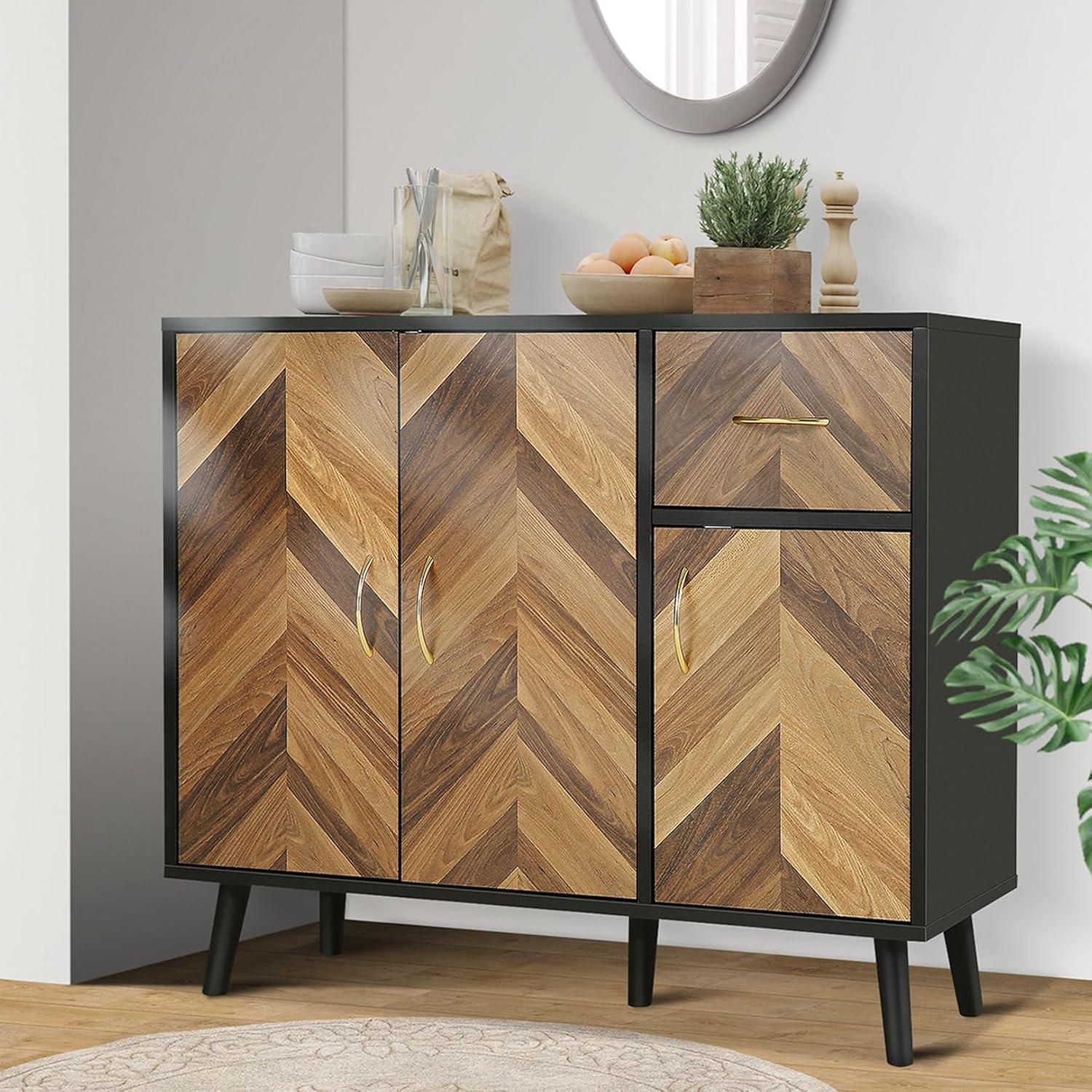 Accent Cabinet, Black Storage Cabinet with Doors Mid Century Modern Sideboard Buffet Cabinet with Storage Shelves Small Wood Accent Cabinets for Living Room Entryway Office, Brown Herringbone