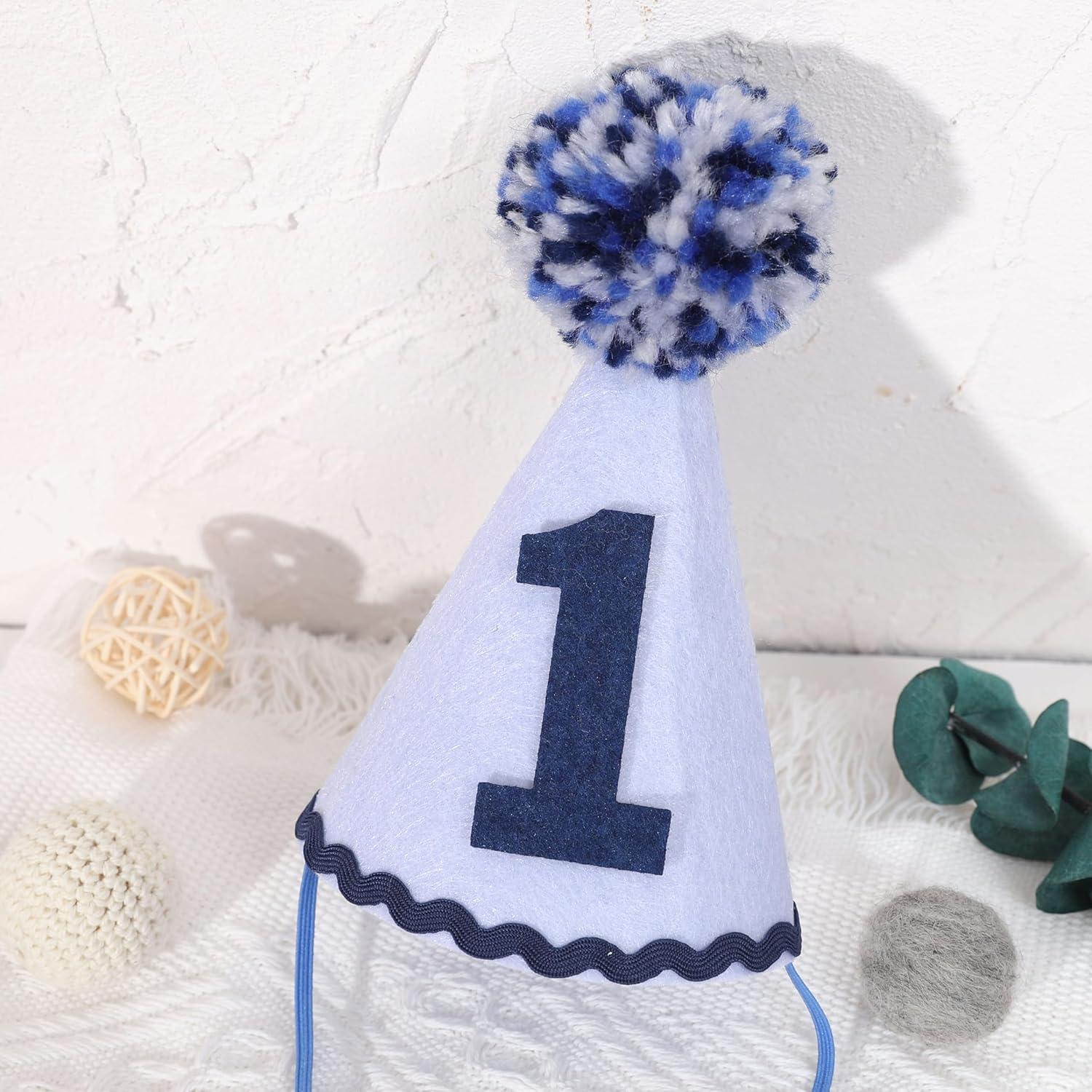 Amscan 250959 1st Birthday Blue Pom Pom Child's Party Hat, 1ct