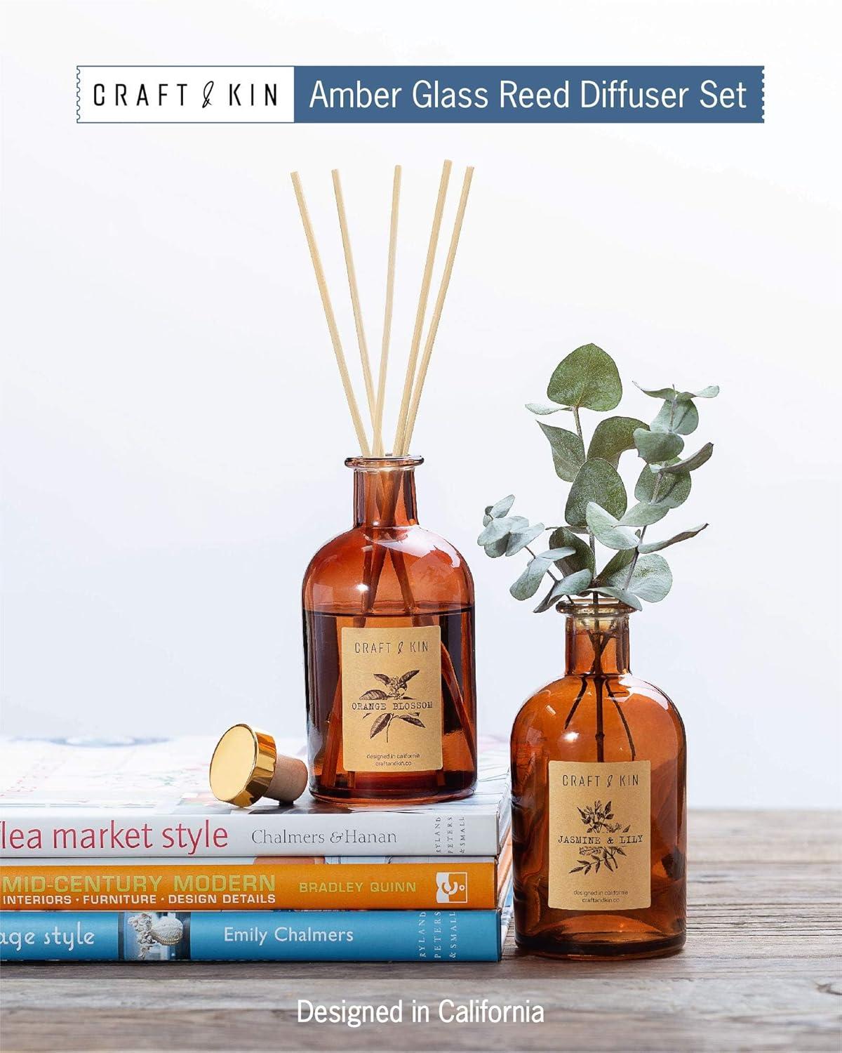 Craft & Kin Lily & Jasmine Diffuser Reed Diffuser | All Natural Essential Oil & 8 Rattan Scent Sticks | Reed Diffusers for Home, Bathroom | Long Lasting Home Fragrance in Amber Glass, 5.75oz