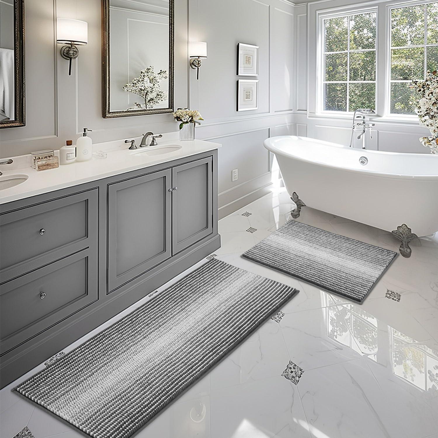 BSICPRO Bathroom Rugs and Mats Sets, 2 Piece Thick Absorbent Chenille Bath Mat Rug Set Non Slip, Soft Shaggy Bath Room Floor Mats for Bathroom, Machine Washable (20" x 47" Plus 16" x 24", Black)