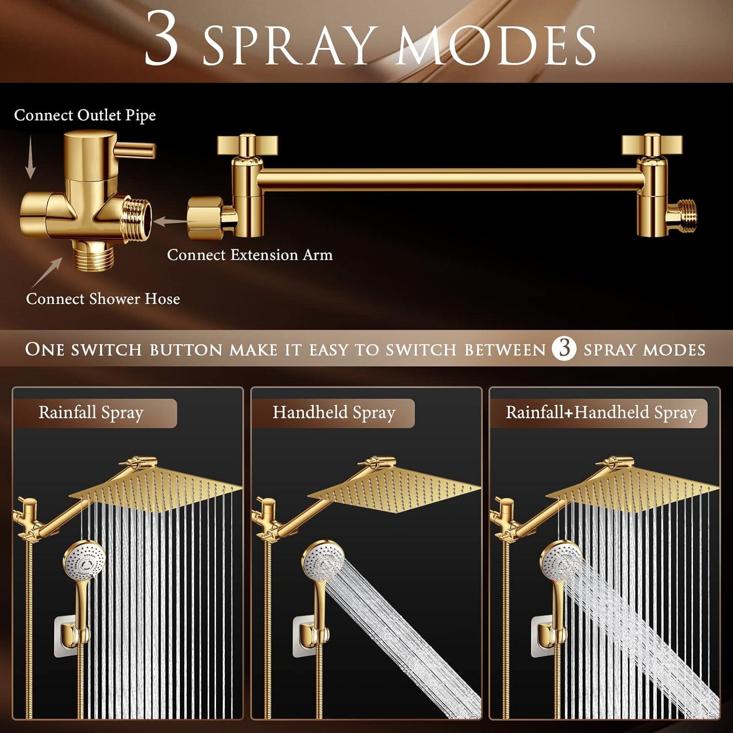 Shower Head, 10" High Pressure Rain shower head with Handheld Spray Combo, 6 Settings Handheld with 78" Anti-leak Hose, 11" Adjustable Extension Arm, Ultra Thin Water Saving, Gold, AWAXFOLO