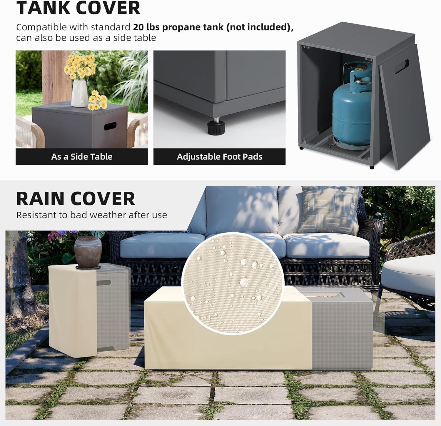 UPHA 42-inch Outdoor Propane Rectangle Fire Pit Table 50000 BTU Iron Gas FirePit for Outside Patio with Tank Cover, Removable Lid, Lava Rocks, Rain Cover, Grey