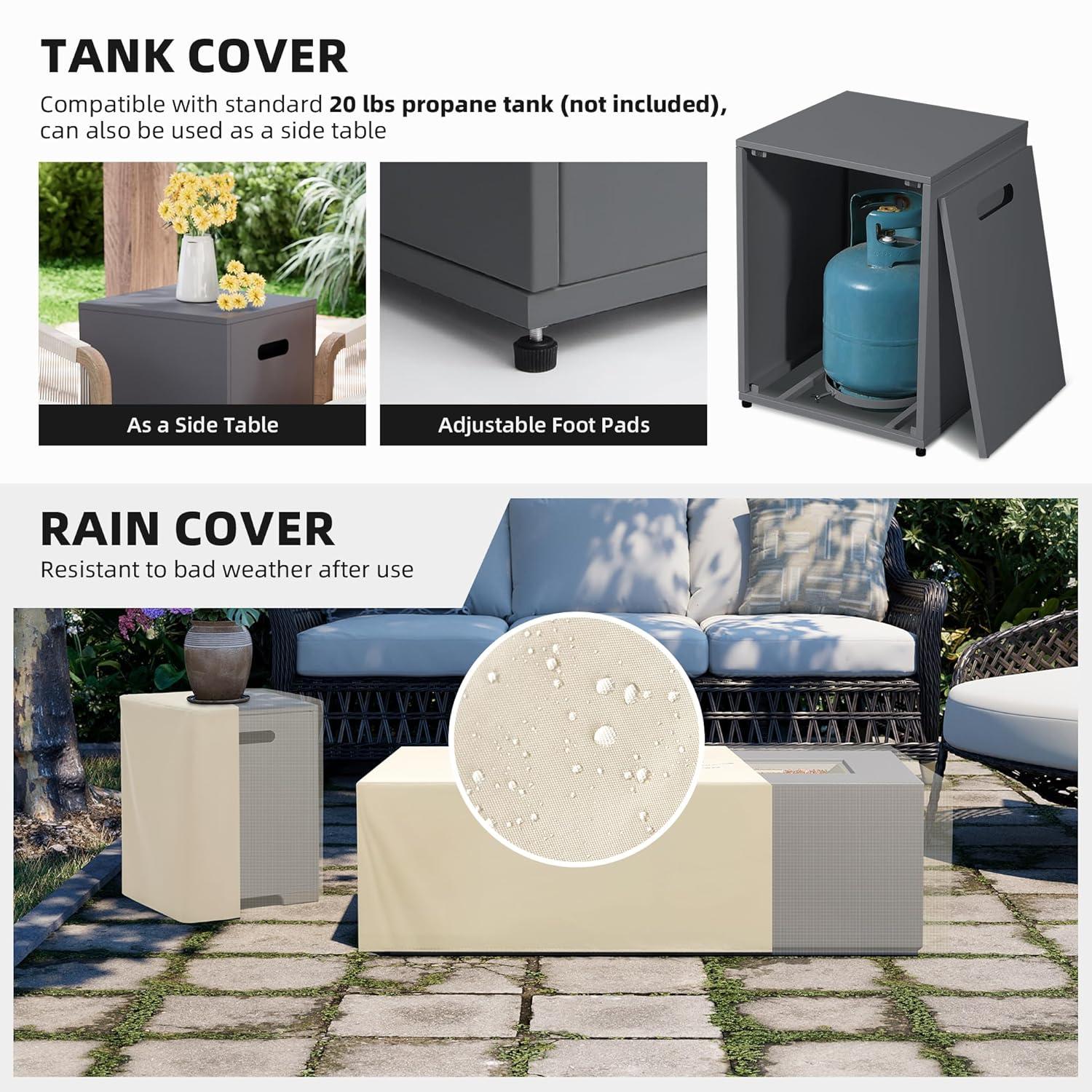 UPHA 42-inch Outdoor Propane Rectangle Fire Pit Table 50000 BTU Iron Gas FirePit for Outside Patio with Tank Cover, Removable Lid, Lava Rocks, Rain Cover, Grey