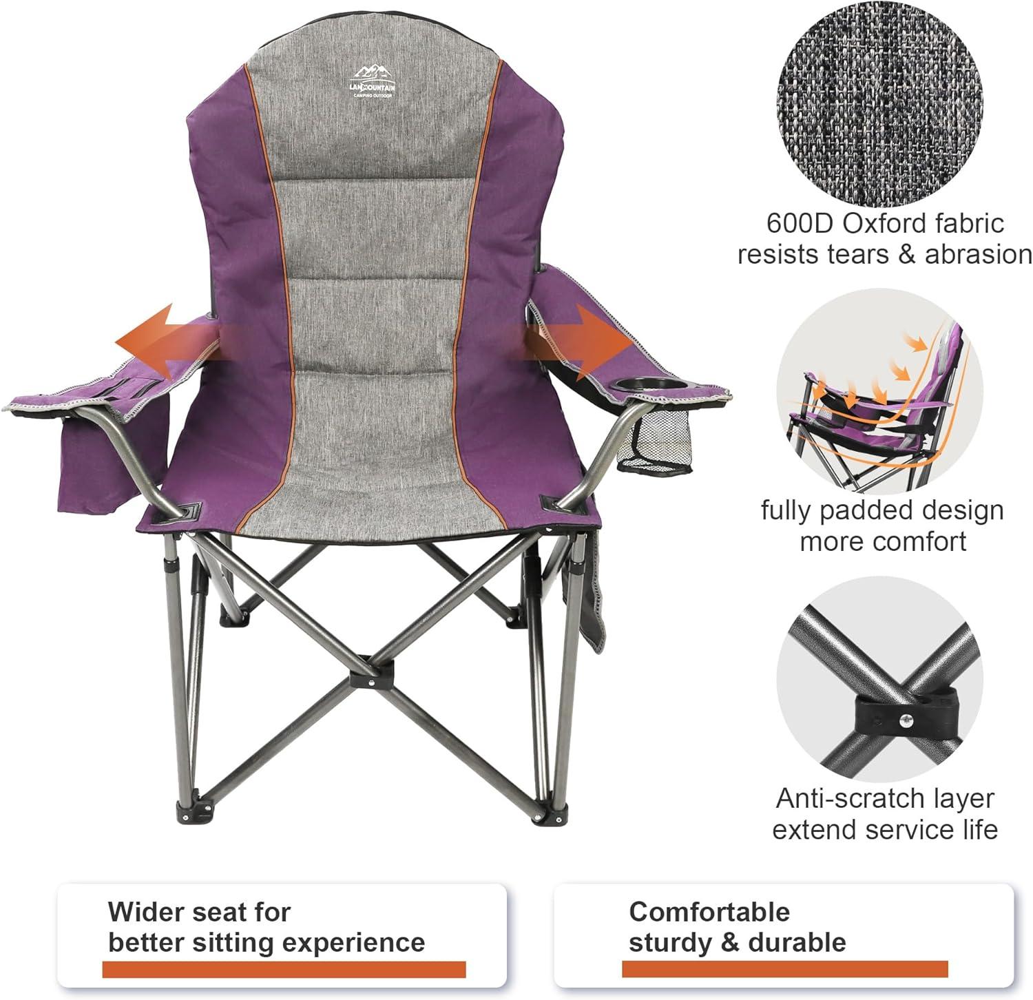 Camping Chairs for Adults,High Back Folding Camp Chair with Cup Holder and Cooler Bag,Heavy Duty Outdoor Lawn Chairs,Perfect for Camping,Hiking,Picnics,and Beach Trips,Purple