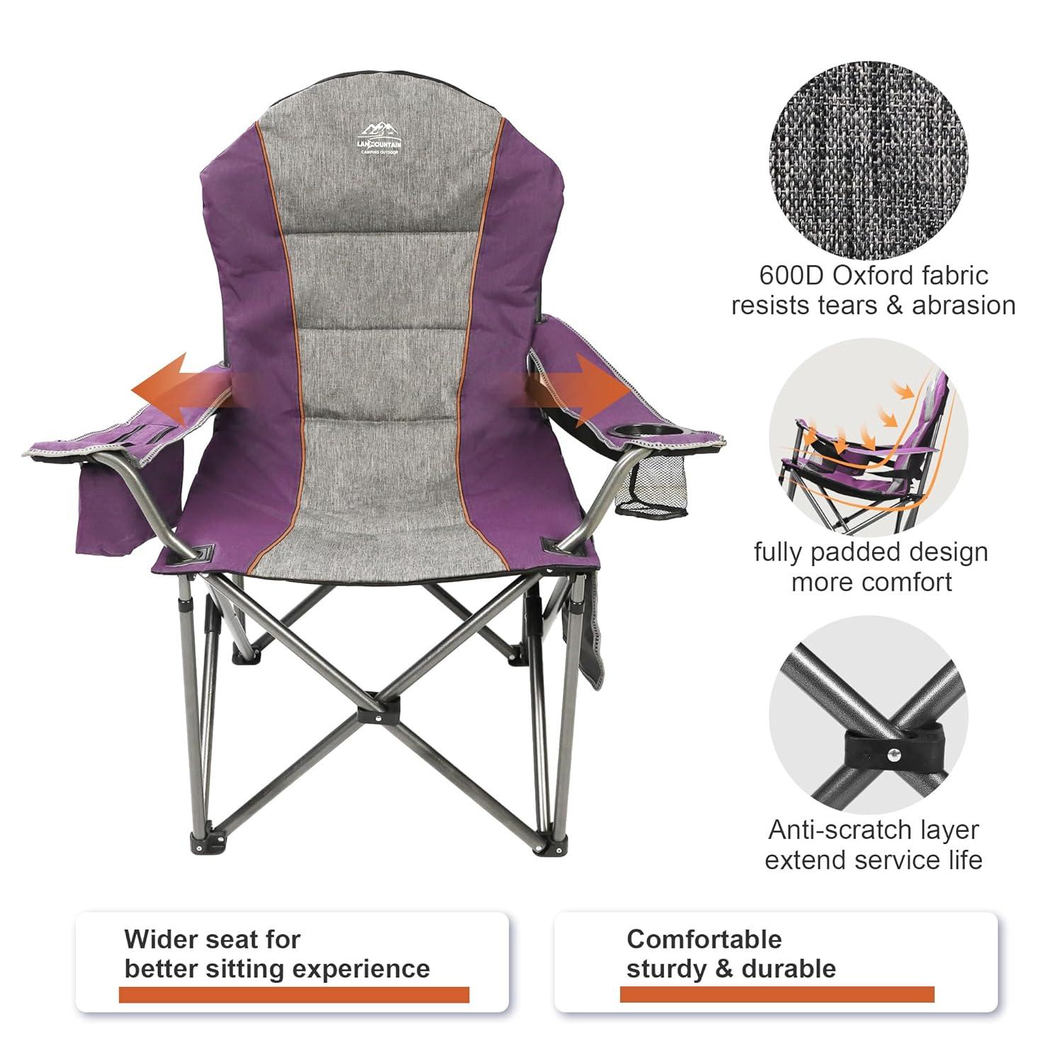 Camping Chairs for Adults,High Back Folding Camp Chair with Cup Holder and Cooler Bag,Heavy Duty Outdoor Lawn Chairs,Perfect for Camping,Hiking,Picnics,and Beach Trips,Purple
