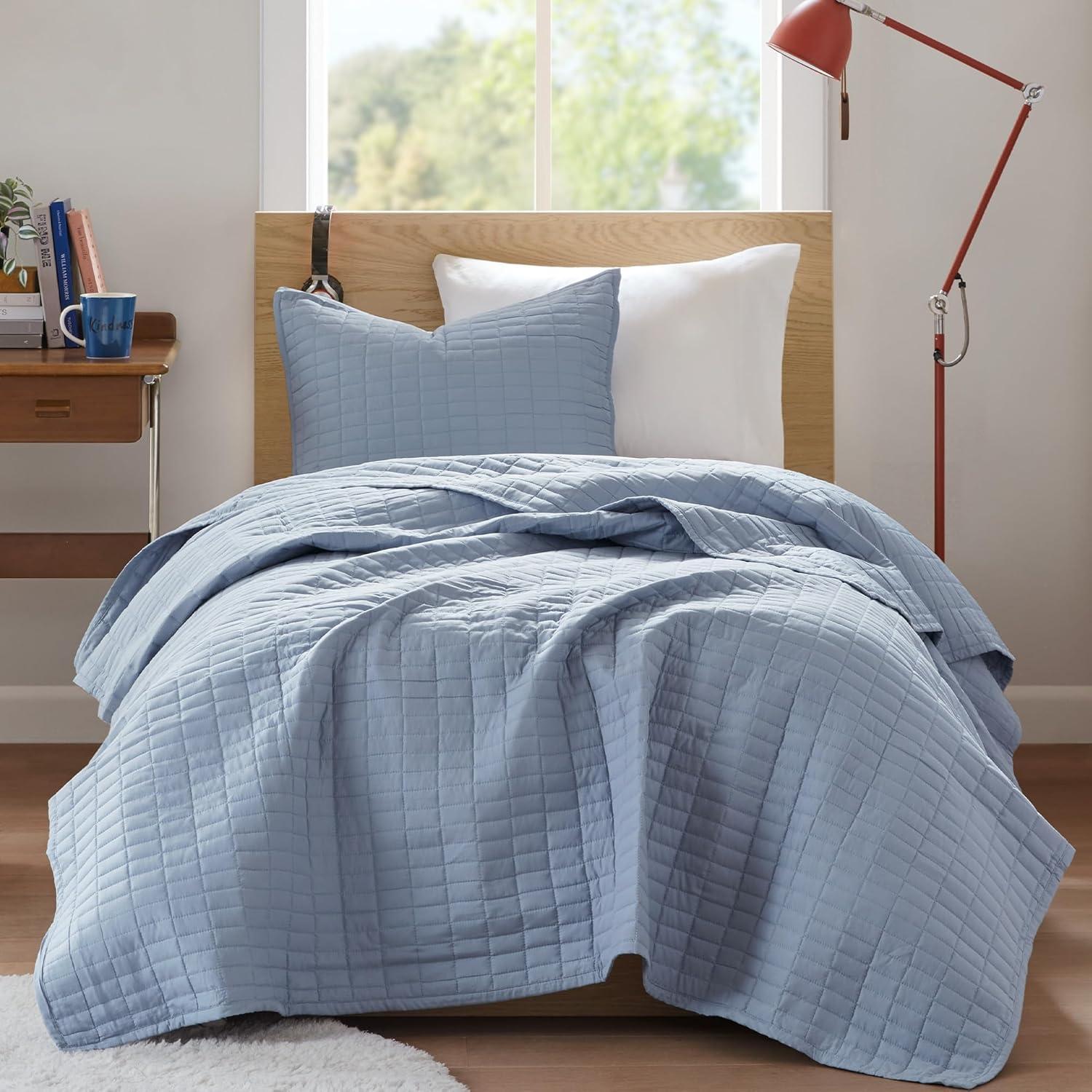 Blue Twin Microfiber Reversible Quilt Set