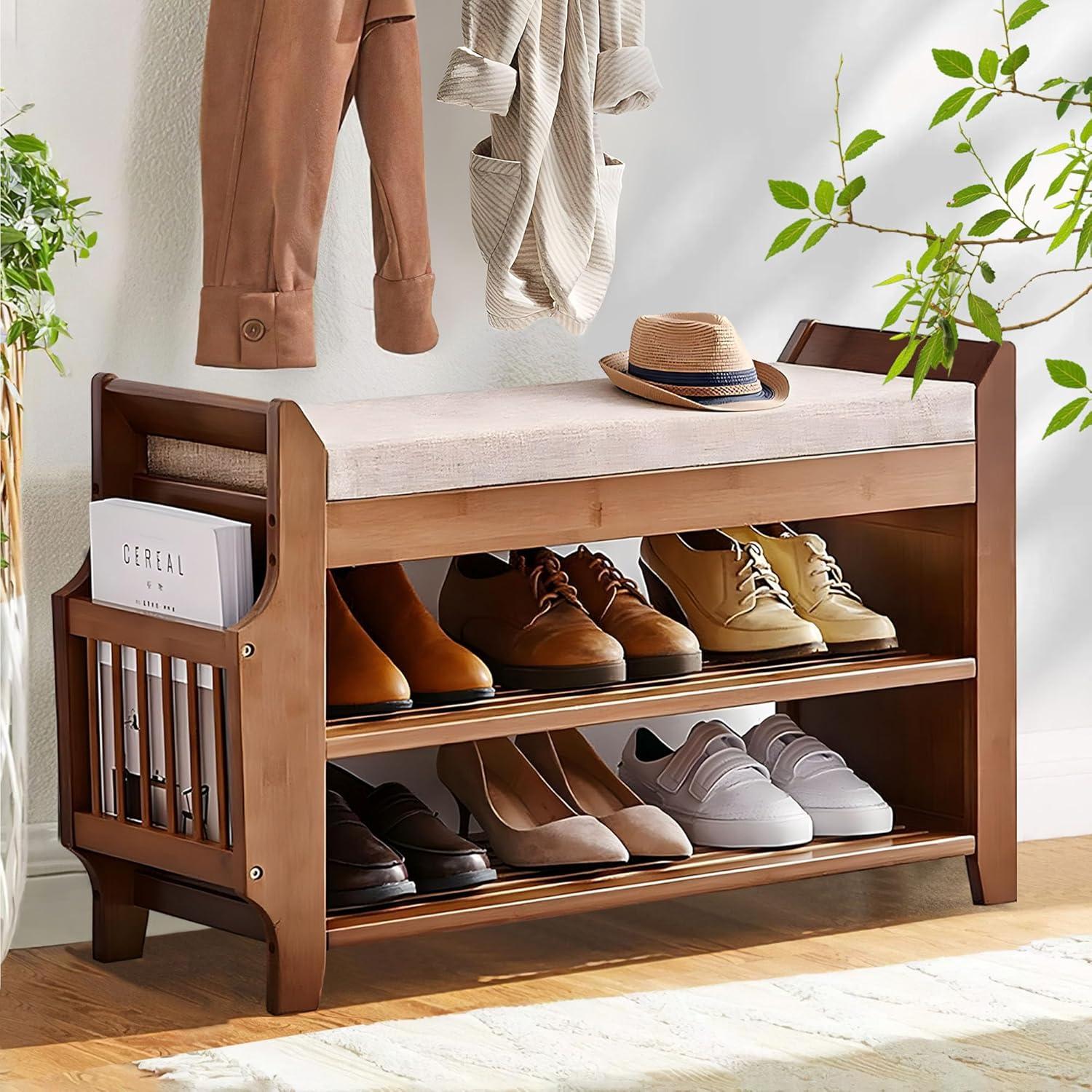 Bamboo 2-Tier Shoe Storage Bench with Hidden Drawer