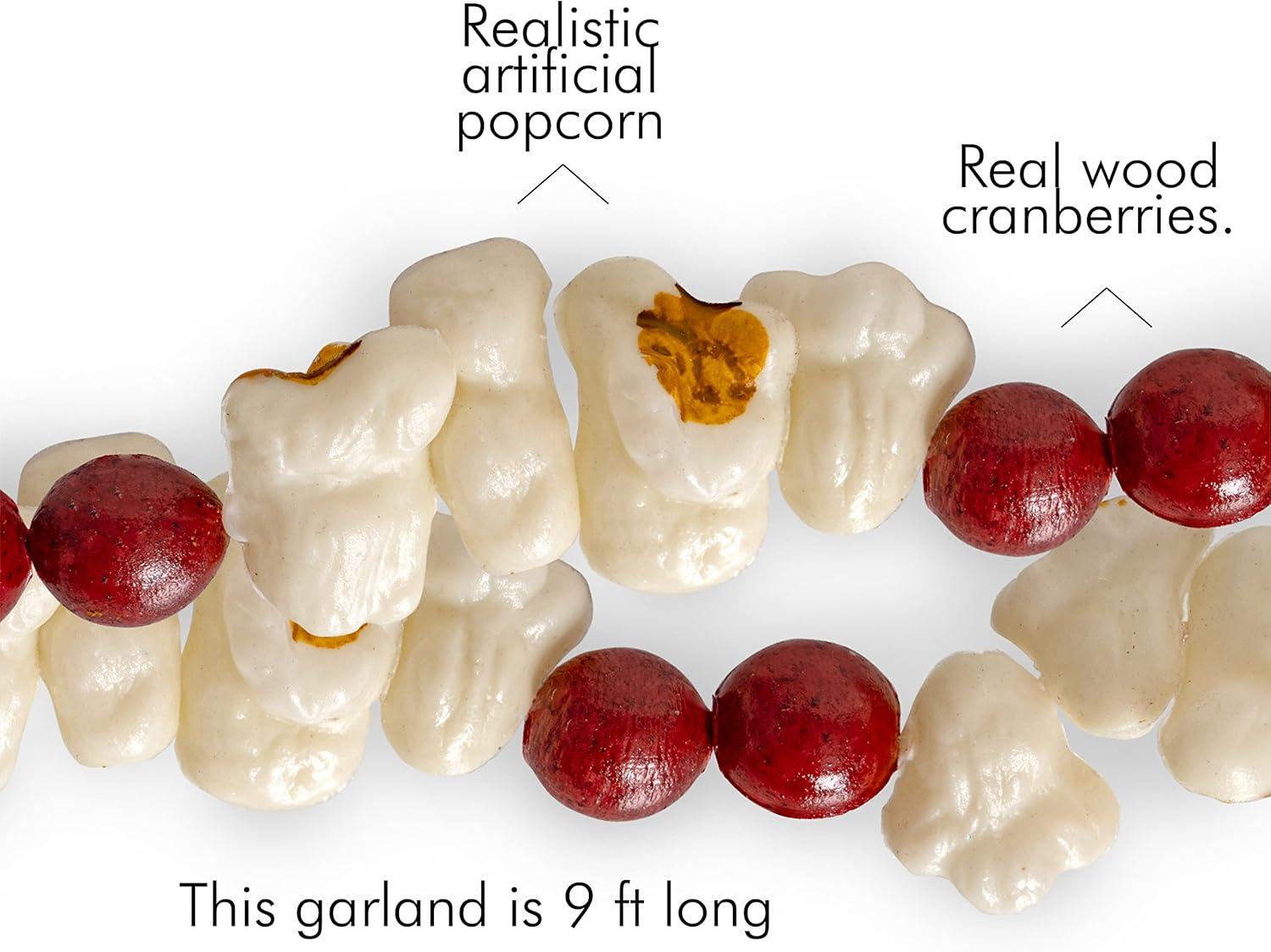 Ornativity Popcorn Cranberry Wooden Garland – Realistic Pop Corn and Rustic Red Wood Beaded Christmas Tree Decorations Garland Bead Strand