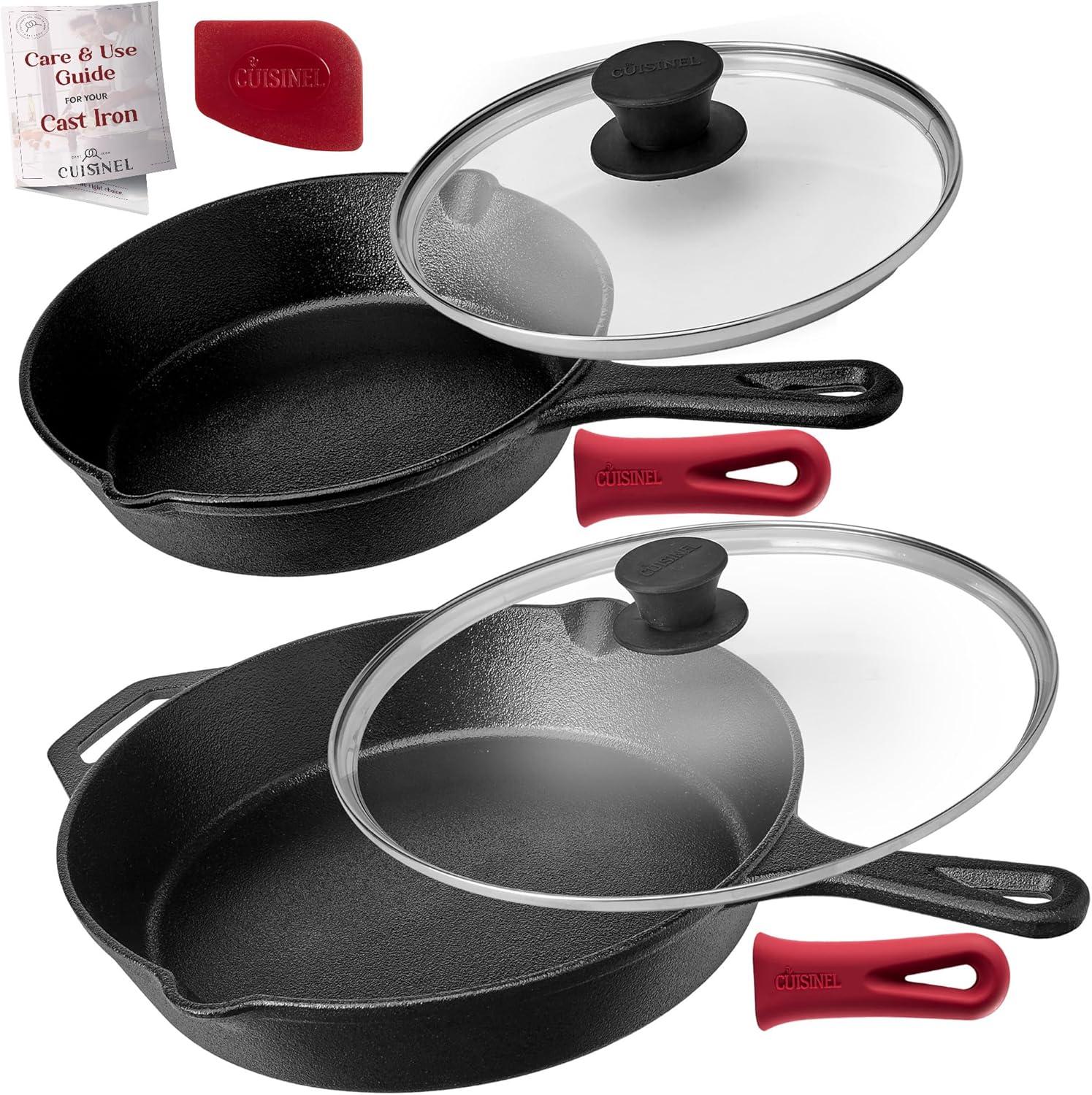 Cuisinel Cast Iron Skillet Set - 8" + 12"-Inch Frying Pan + Glass Lids