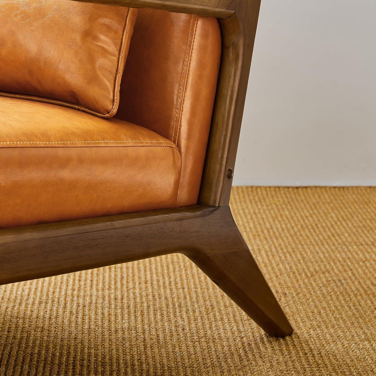 Mid-Century Modern Leatherette Arm Accent Chair Walnut Rubberwood Frame Tan - Glitzhome: Upholstered, Durable, for Office & Home