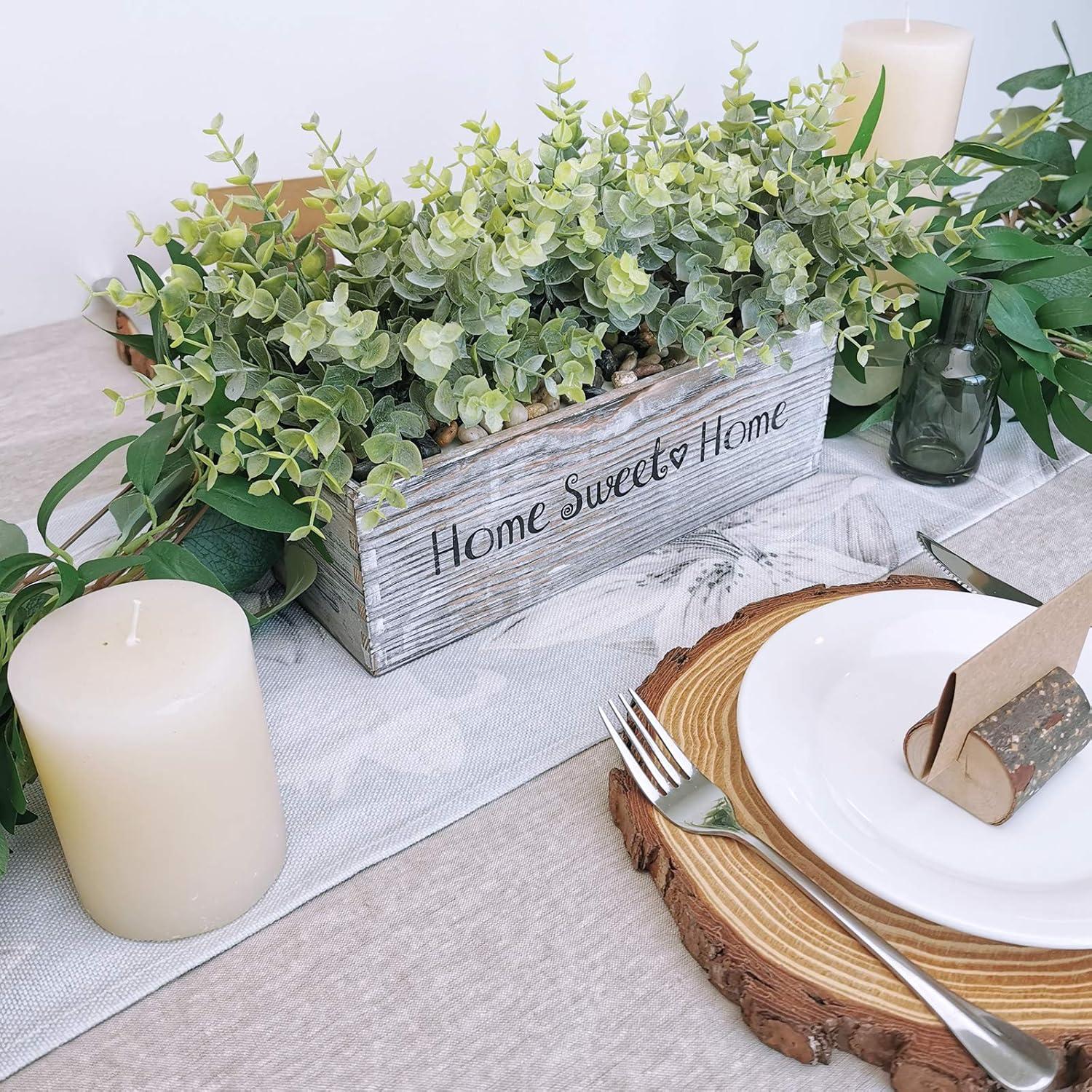 1 Pcs Wooden Potted Eucalyptus Plant Greenery Arrangement Artificial Eucalyptus Plant in Rectangular Wood Planter Box for Rustic Farmhouse Indoor Centerpiece Tabletop Window Sills Kitchen Shelf Decor