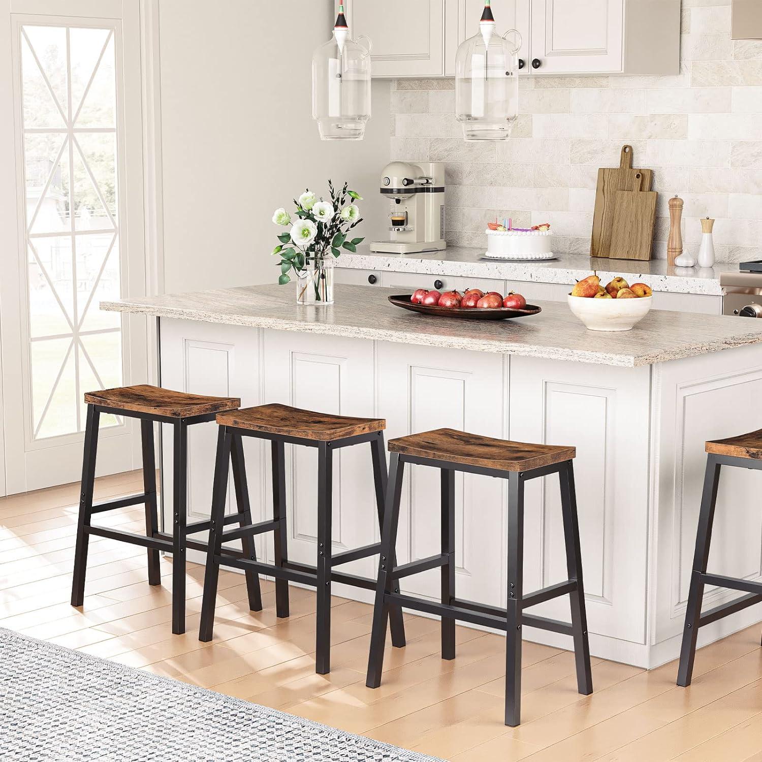 Bar Stools, Set of 2 Bar Chairs, 23.6 Inch Saddle Stools, Kitchen Counter Stools with Footrests, Industrial Stools for Dining Room, Kitchen, Counter, Bar, Rustic Brown and Black BF02MD01