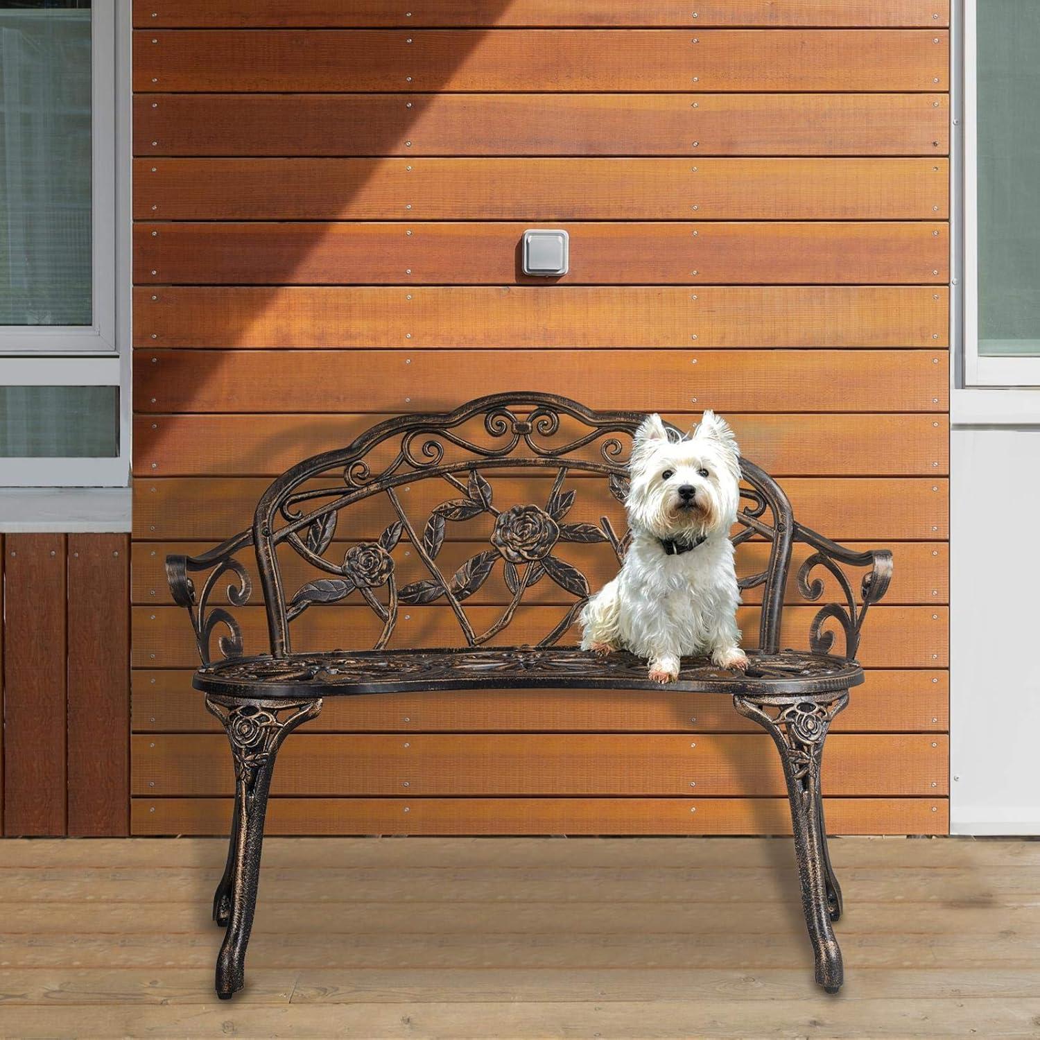 QSHIMY Patio Garden Bench Park Metal Rose Outdoor Benches, Aluminium Vintage Antique Furniture Chair Outside Benches Weather Proof Bench for Outdoor Porch, Lawn, Balcony, Backyard, Bronze