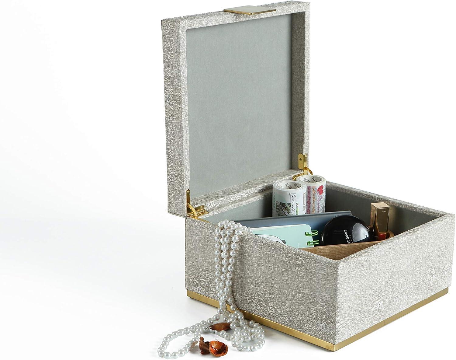 Ivory Shagreen Faux Leather Square Jewelry Box with Gold Accents