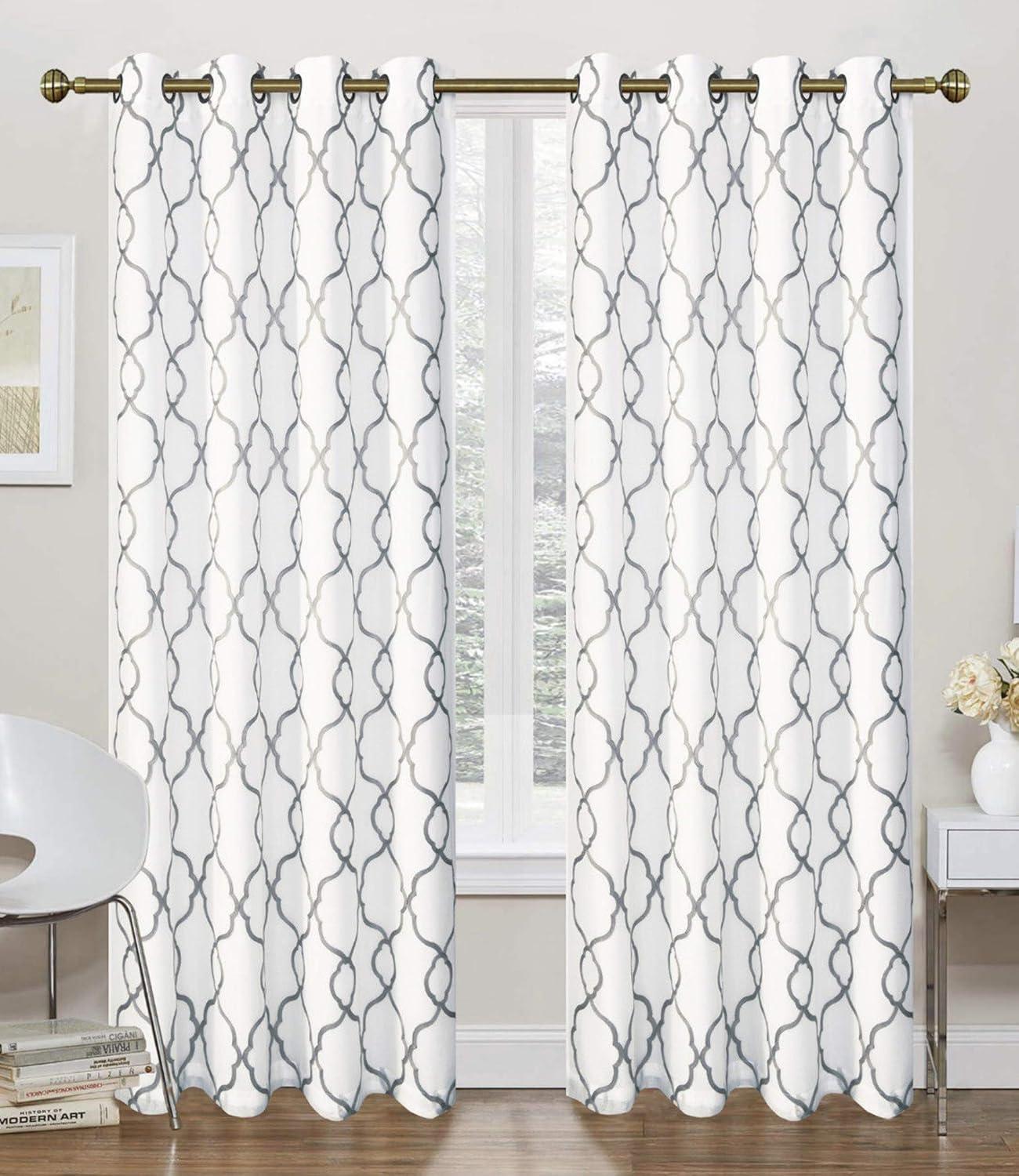 GoodGram 2 Pack Embroidered Semi Sheer Geometric Quatrefoil Grommet Top Window Curtains with Satin Backing for Privacy - Assorted Colors & Sizes (Gray, 84 in. Long)
