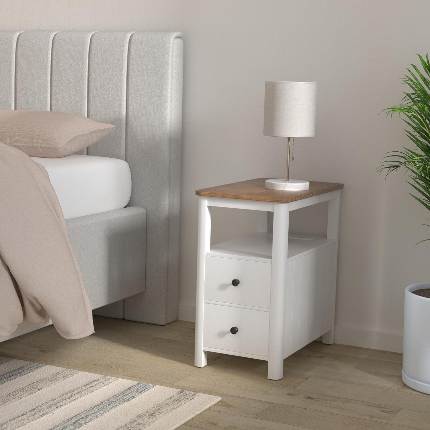 White and Walnut MDF Side Table with Storage and Charging Station